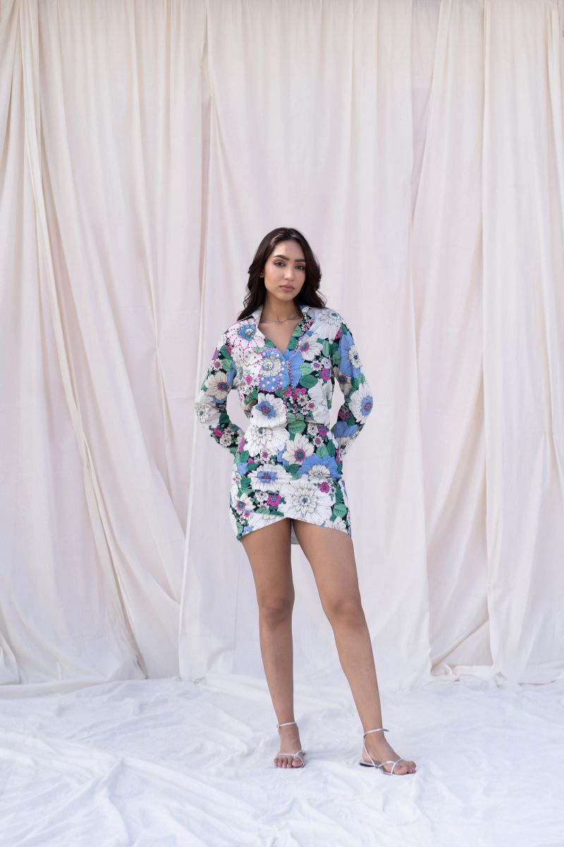 Floral Printed Shirt Dress with Hand Embroidery
