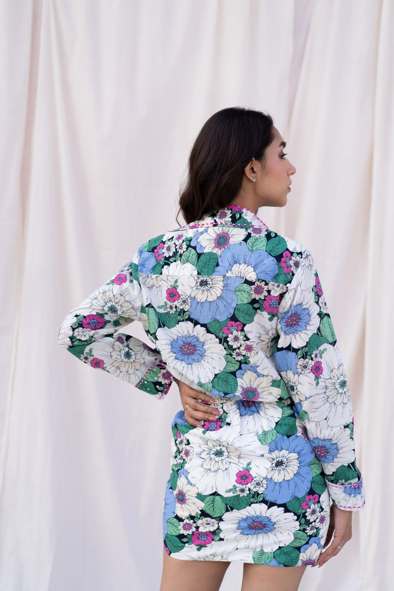 Floral Printed Shirt Dress with Hand Embroidery