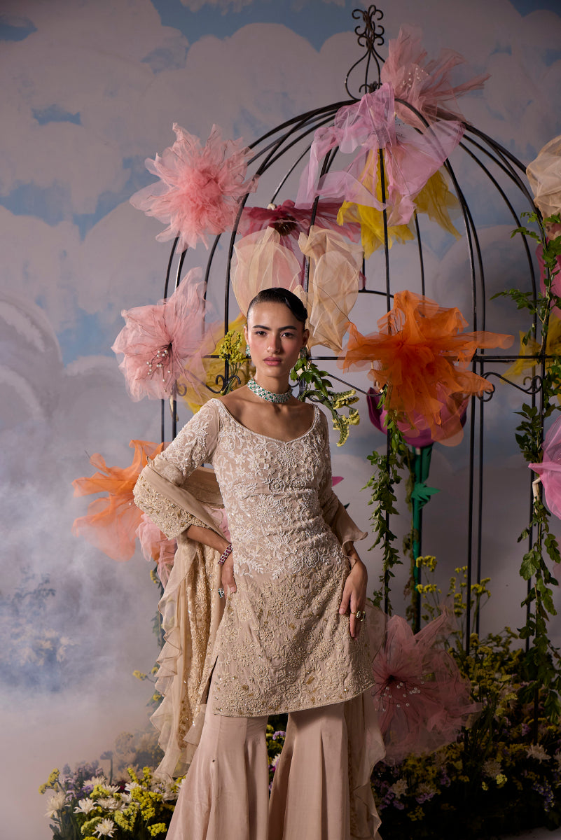 Beige thread dori embroidery kurta with sharara and dupatta