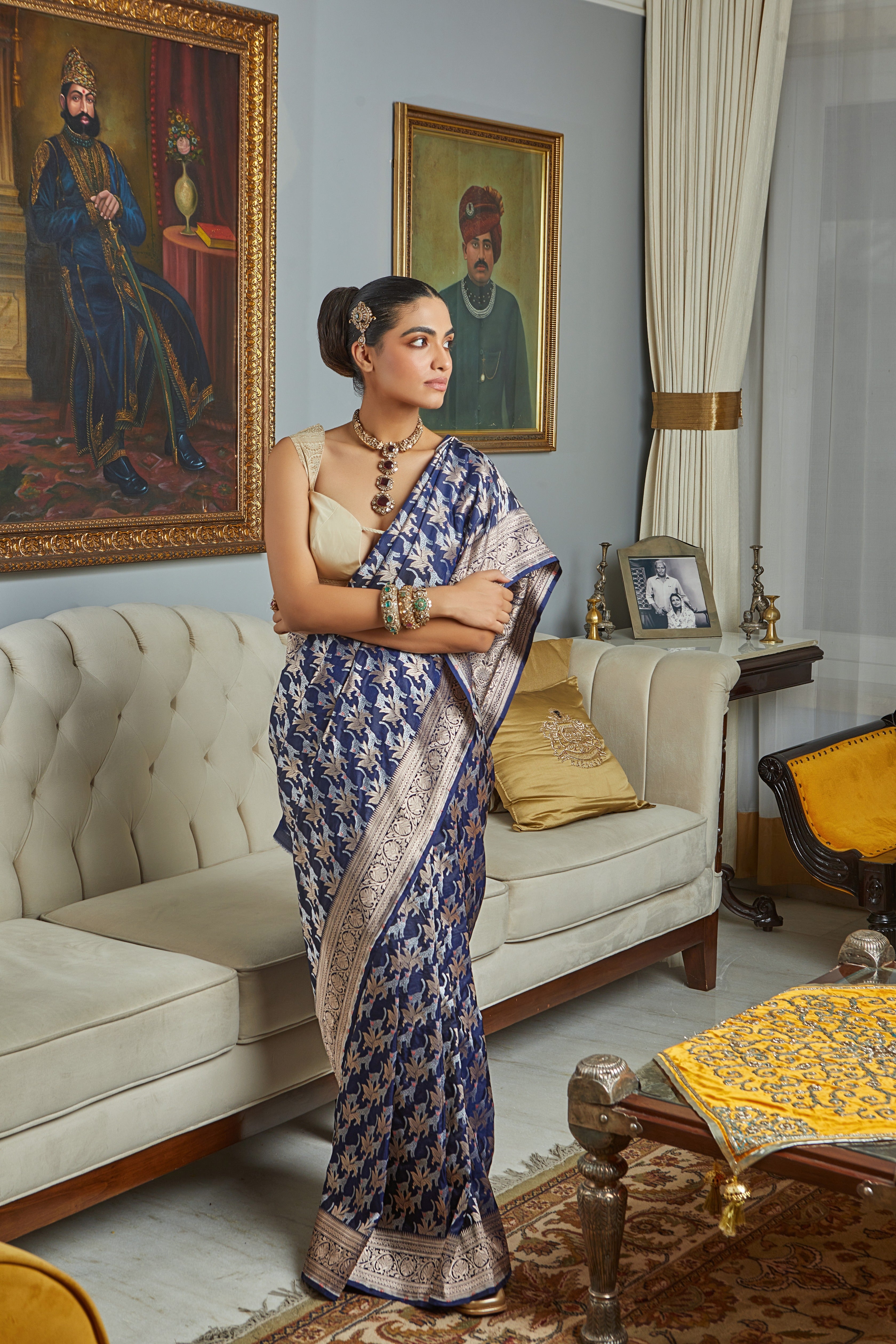 Handwoven Katan Silk Shikargah Meenakari Saree