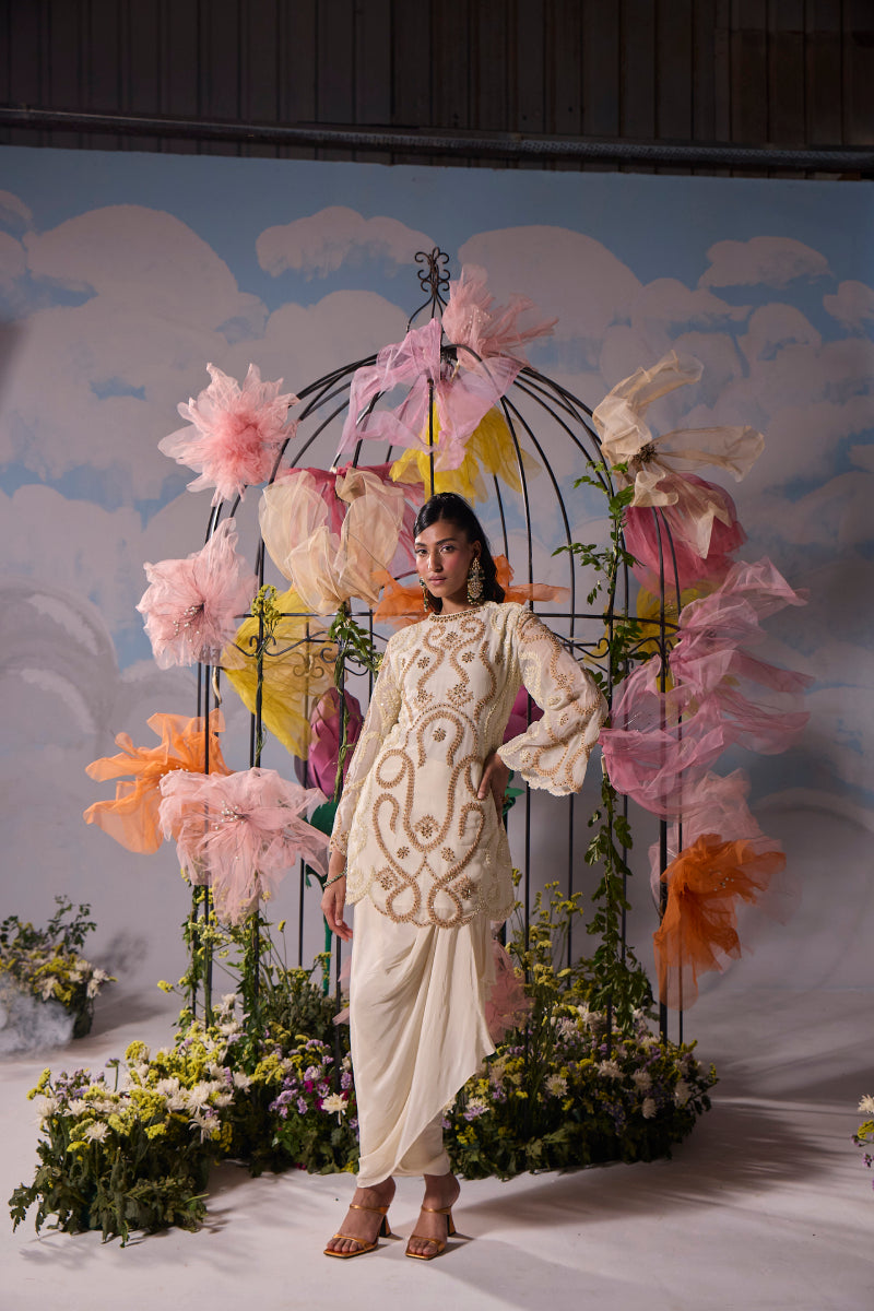 Ivory beige dori embroidery kurta with drape skirt