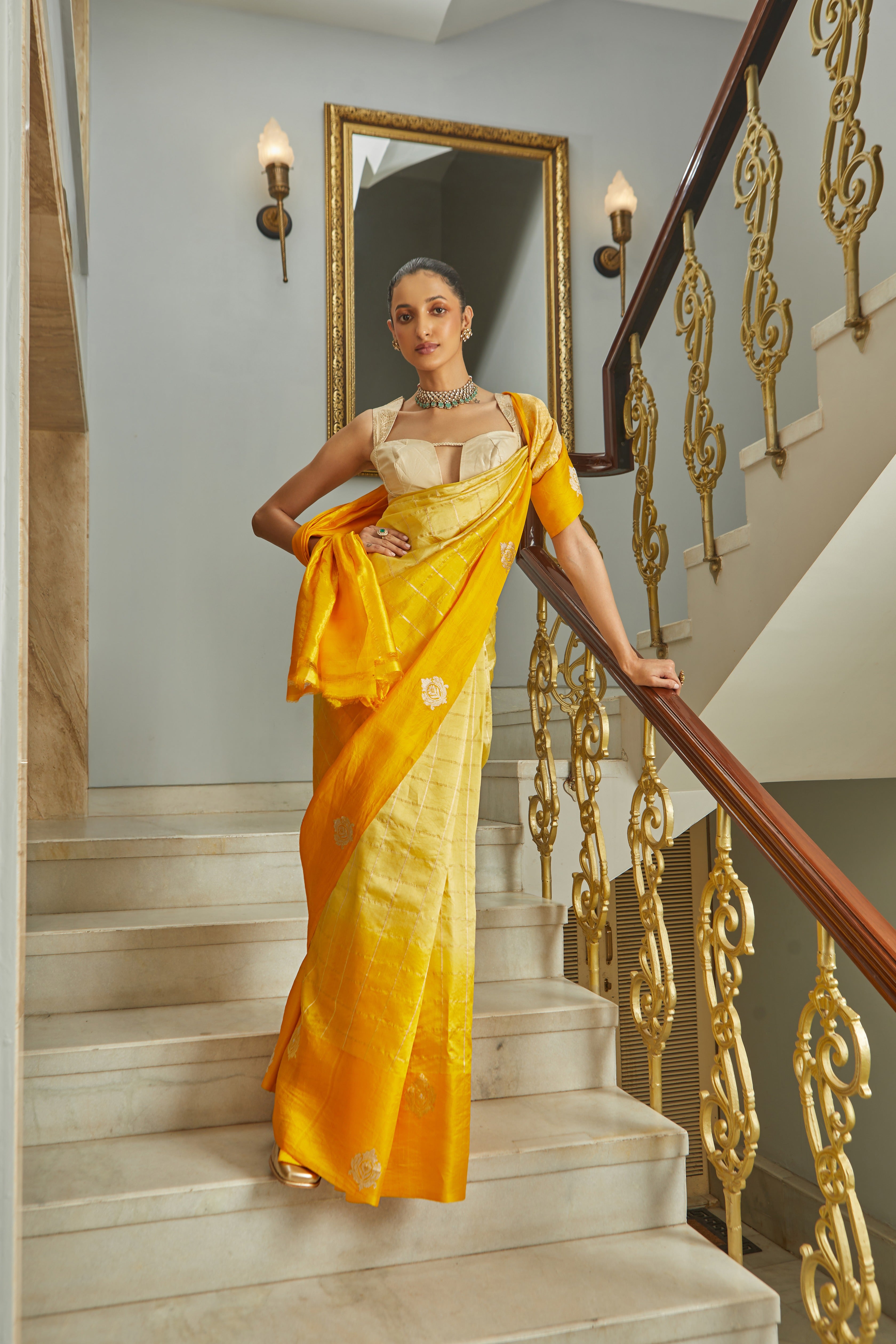 Handwoven Soft Silk Ombre Check Banarasi Saree