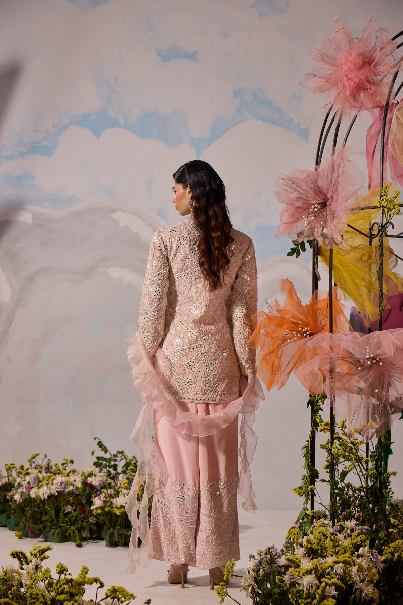 Rose pink dori embroidery jacket with pants and frill dupatta