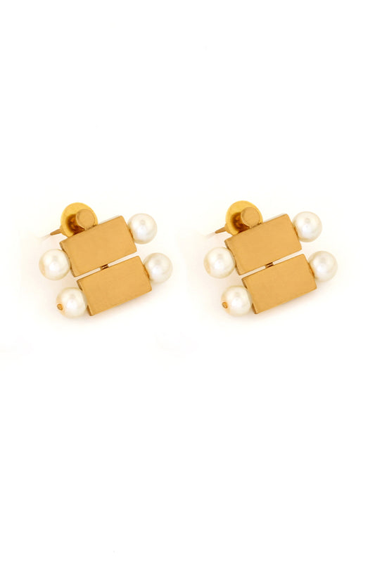 Gold Toned Brick And Pearl Stacked Duo Stud Earrings