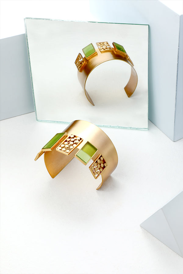 Gold Toned Cuff With Chartreuse Acrylic & Dotted Blocks