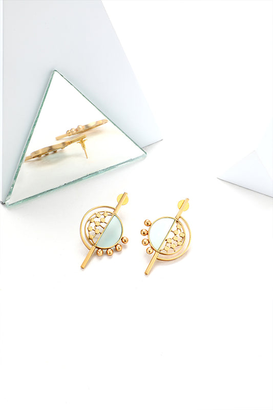 Gold Toned Split Circular Studs With Cyan Acrylic & Dotted Detail