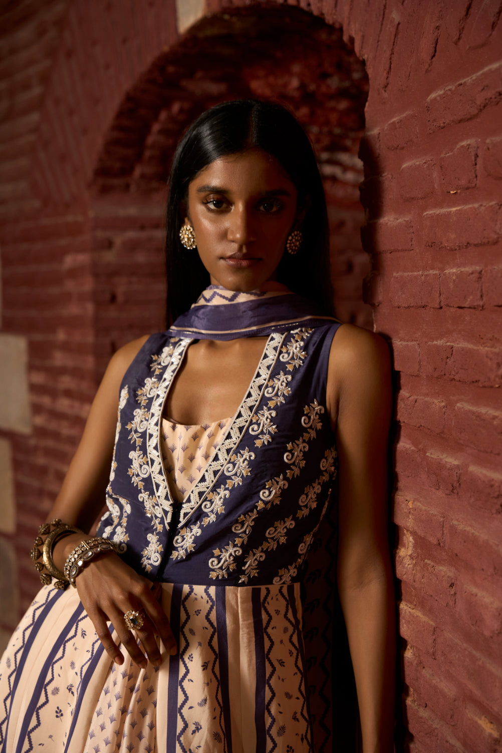 Mauve Ivory Blue Jacket - gown Set