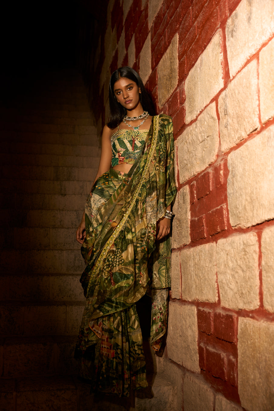Jungle Print Ruffle Saree with Handwork Blouse