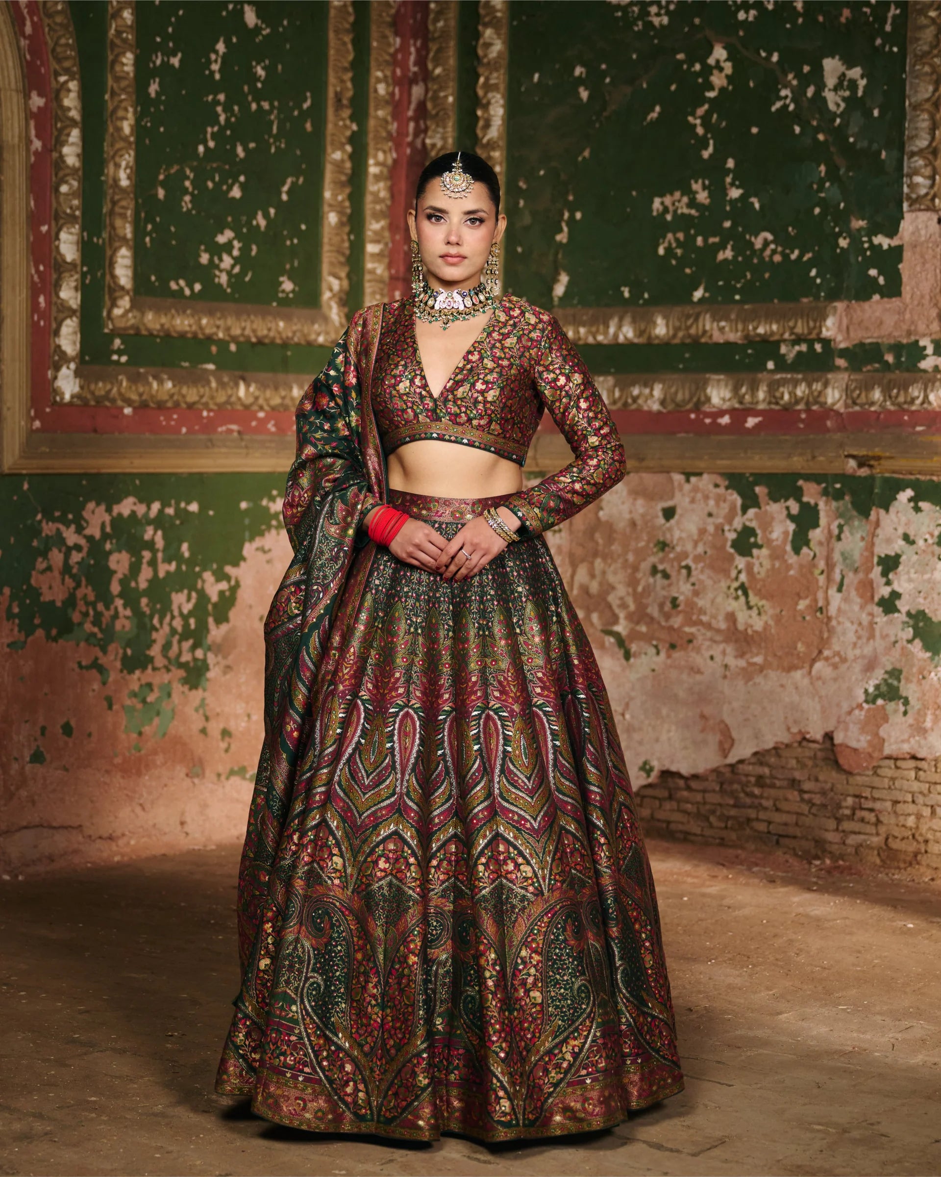 GREEN MOONGA SILK KANI WEAVE LEHENGA