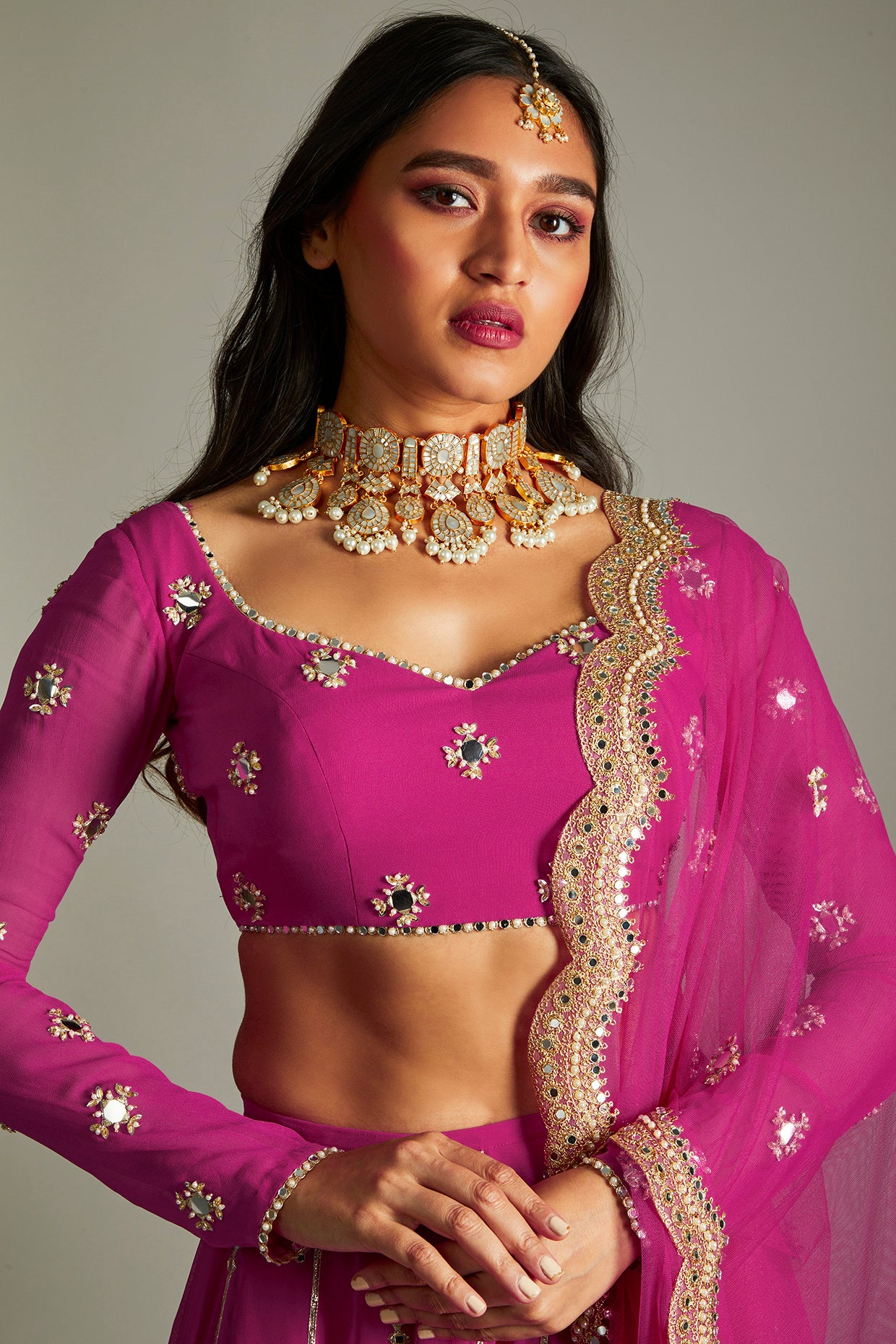 Magenta Mirror And Gota Lehenga Set