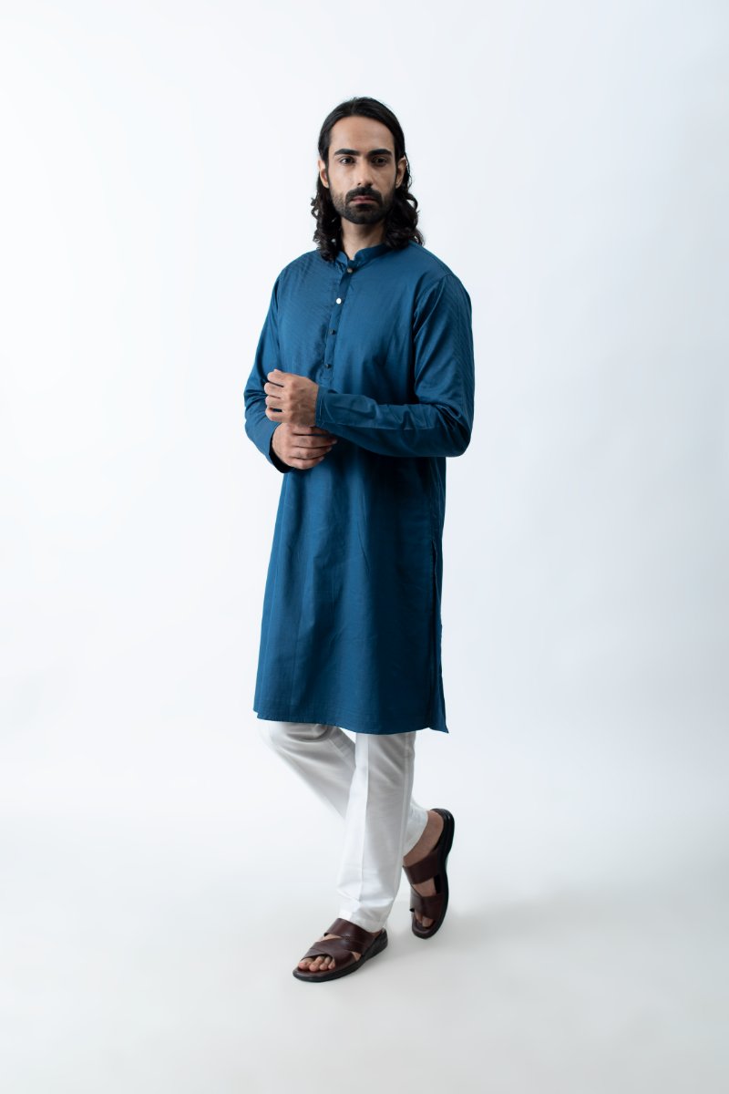 Yale Blue Stitchlines Kurta Set