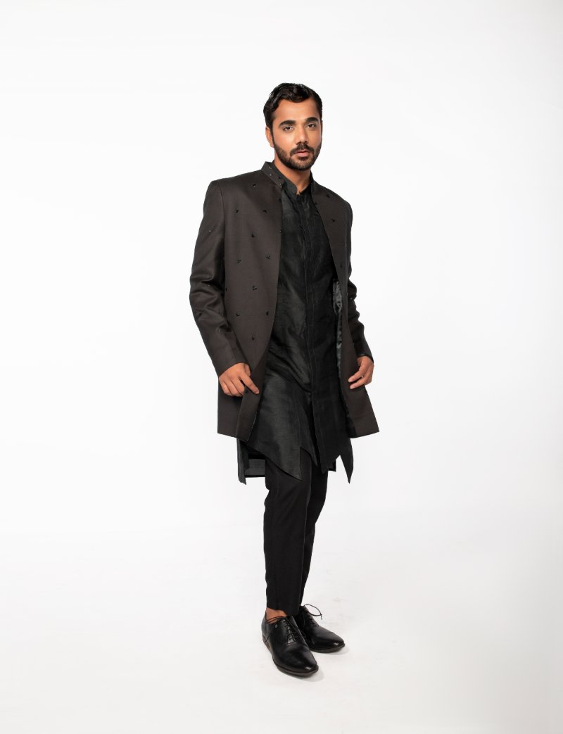 Olive Embroidered Open Jacket With Kurta Set