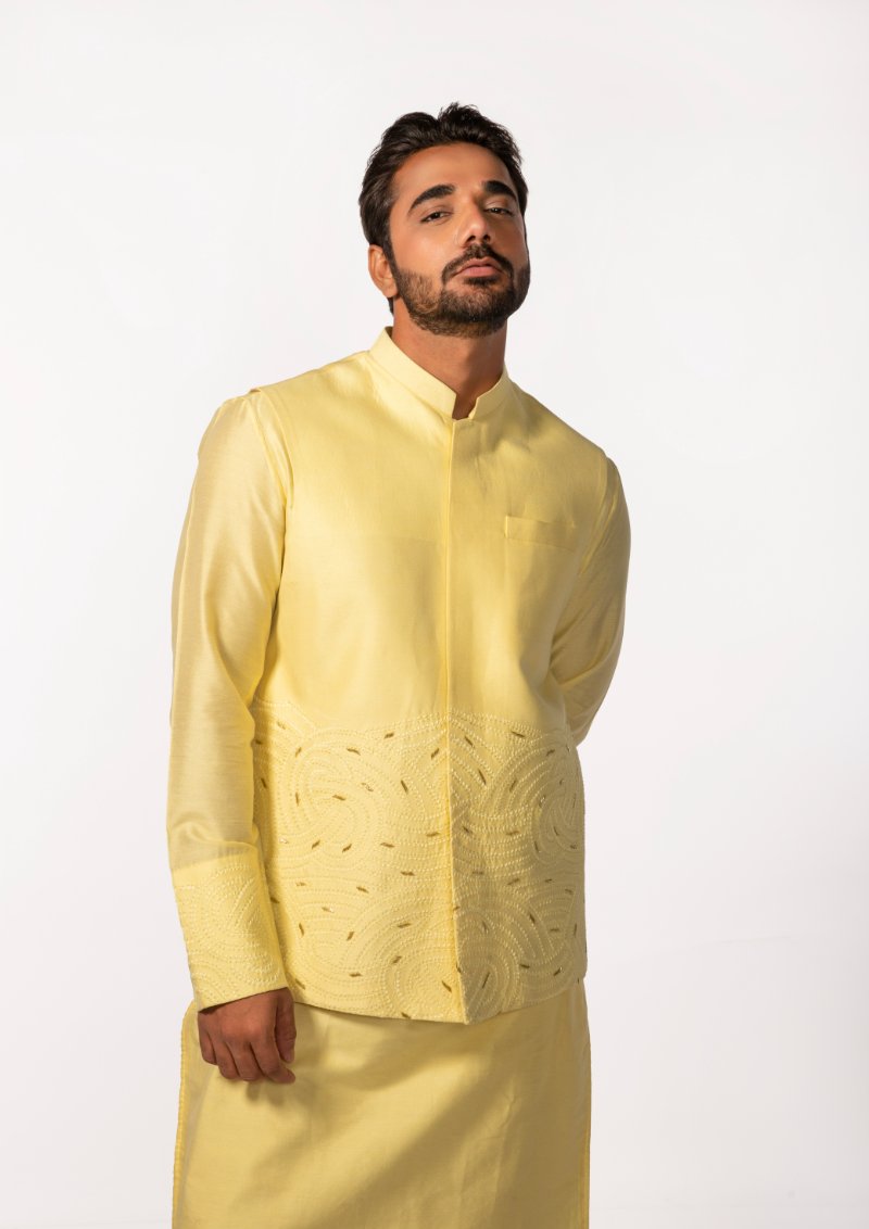 Yellow Embroidery Bundi