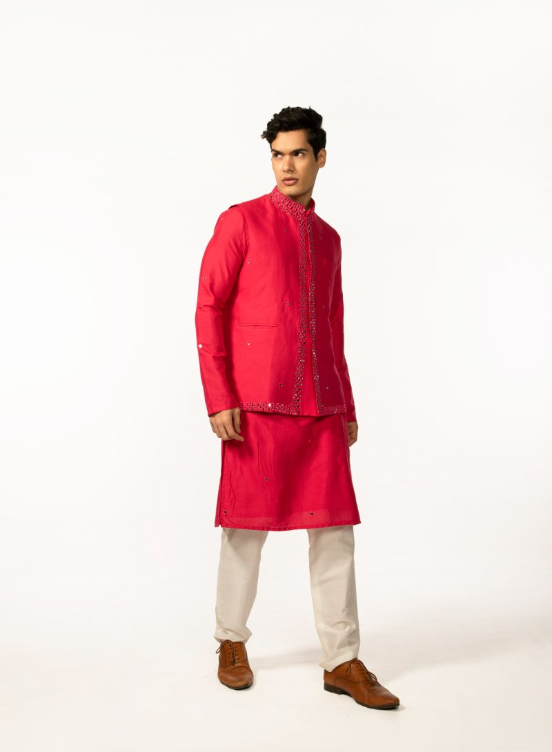 Hotpink Mirror Bundi With Hotpink Mirror Kurta Set
