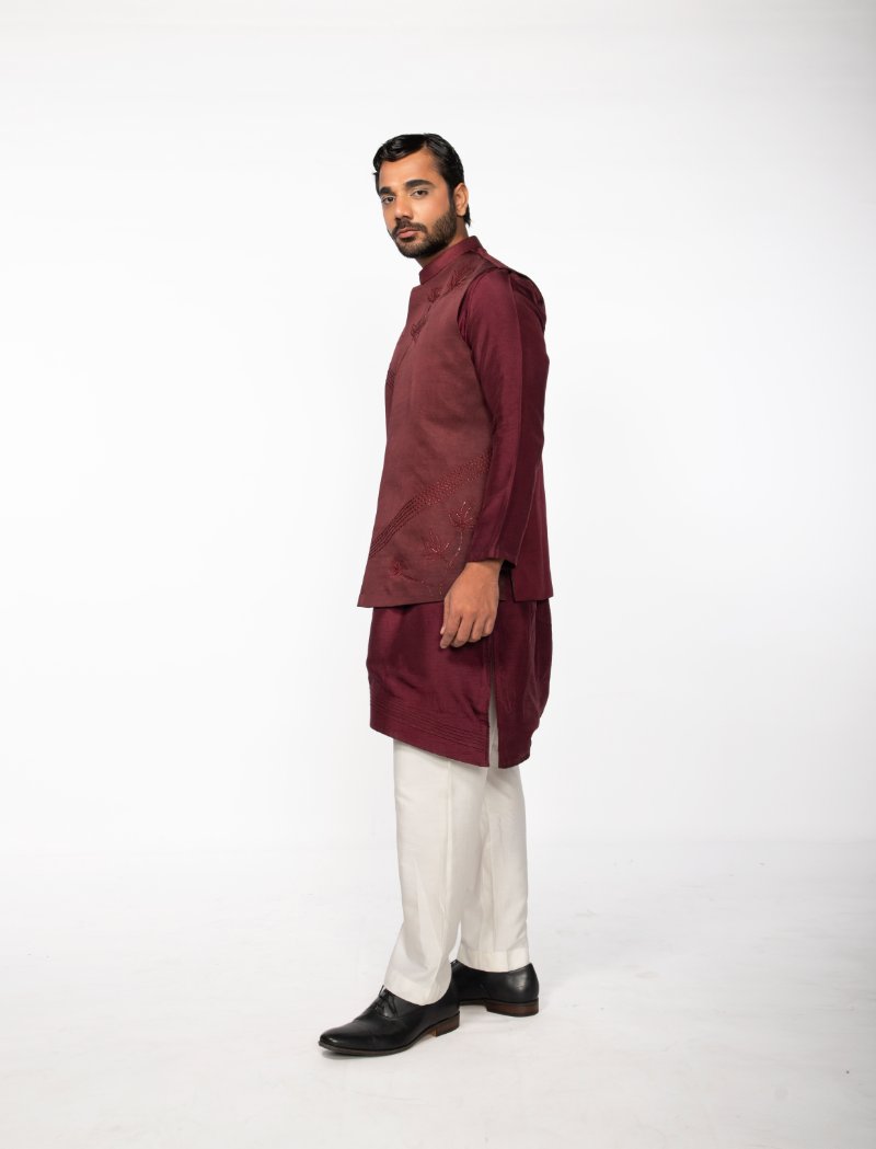 Wine Lotus Bundi With Wine Pintuck Kurta