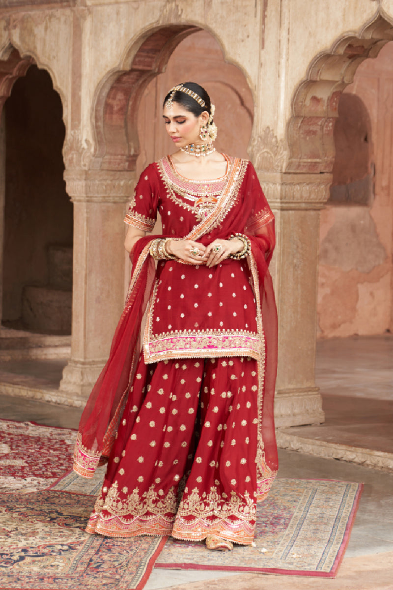 SAMREEN - DEEP RED SHORT KURTA WITH SHARARA AND DUPATTA