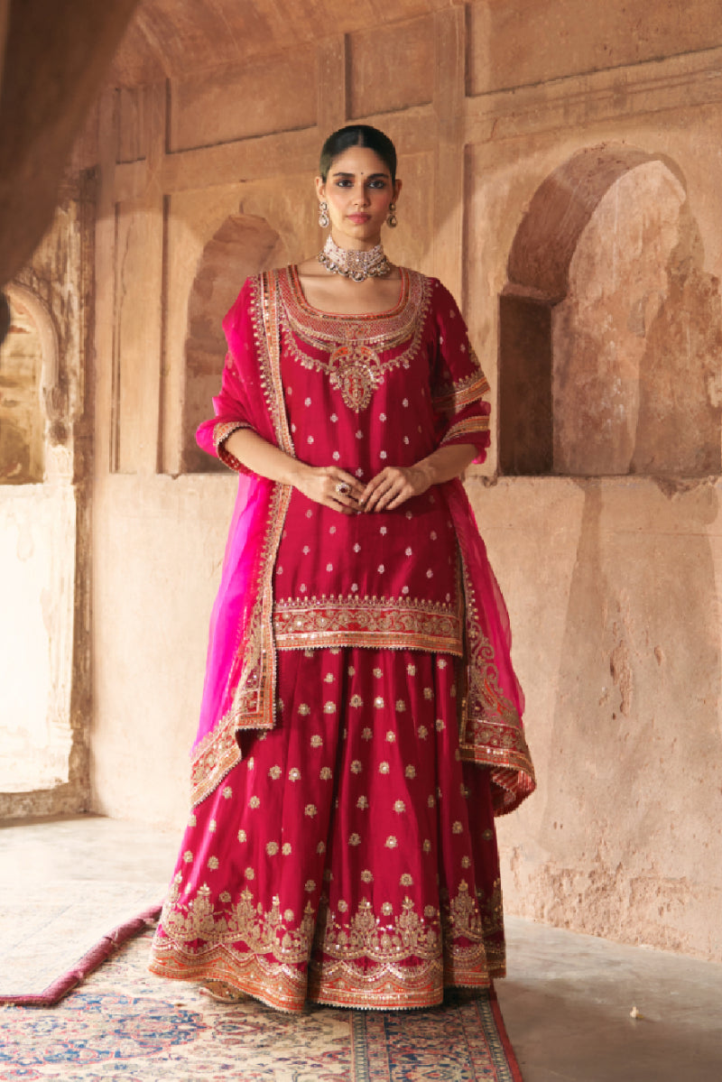 SAMREEN - HOTPINK SHORT KURTA WITH SHARARA AND DUPATTA