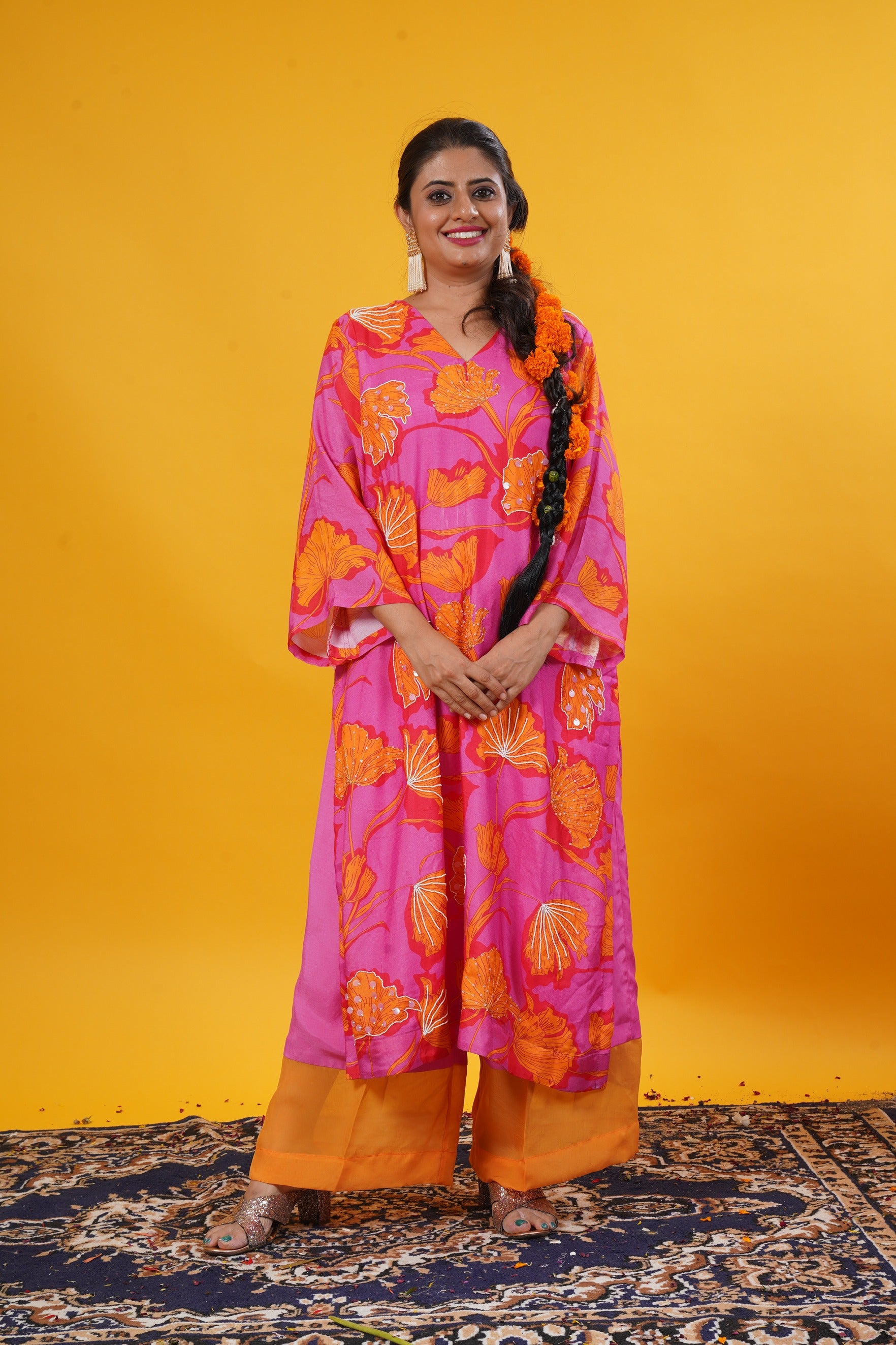 Fuschia Pink Floral Suit Set With Palazzo