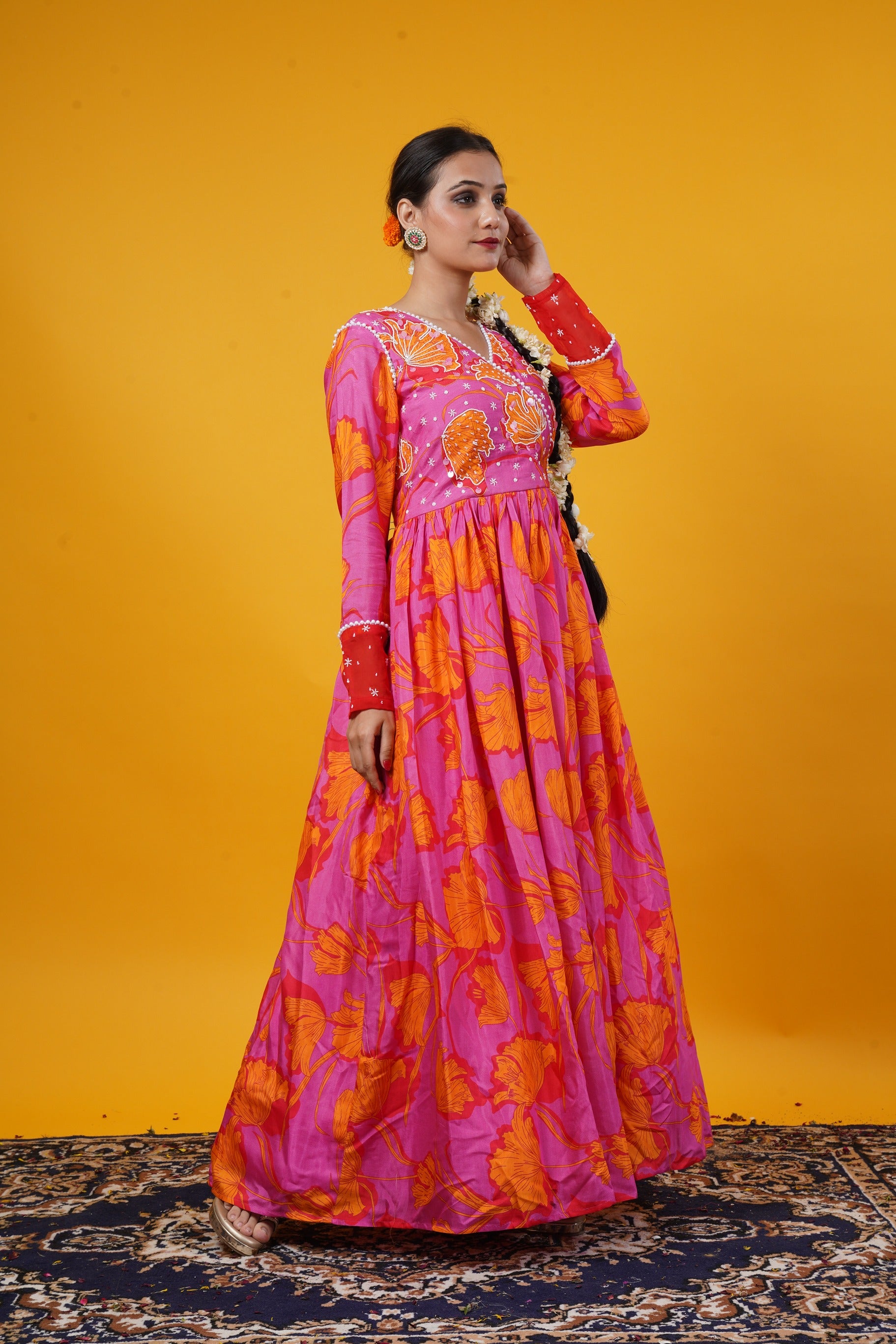 Pink Floral Gown With Handwork