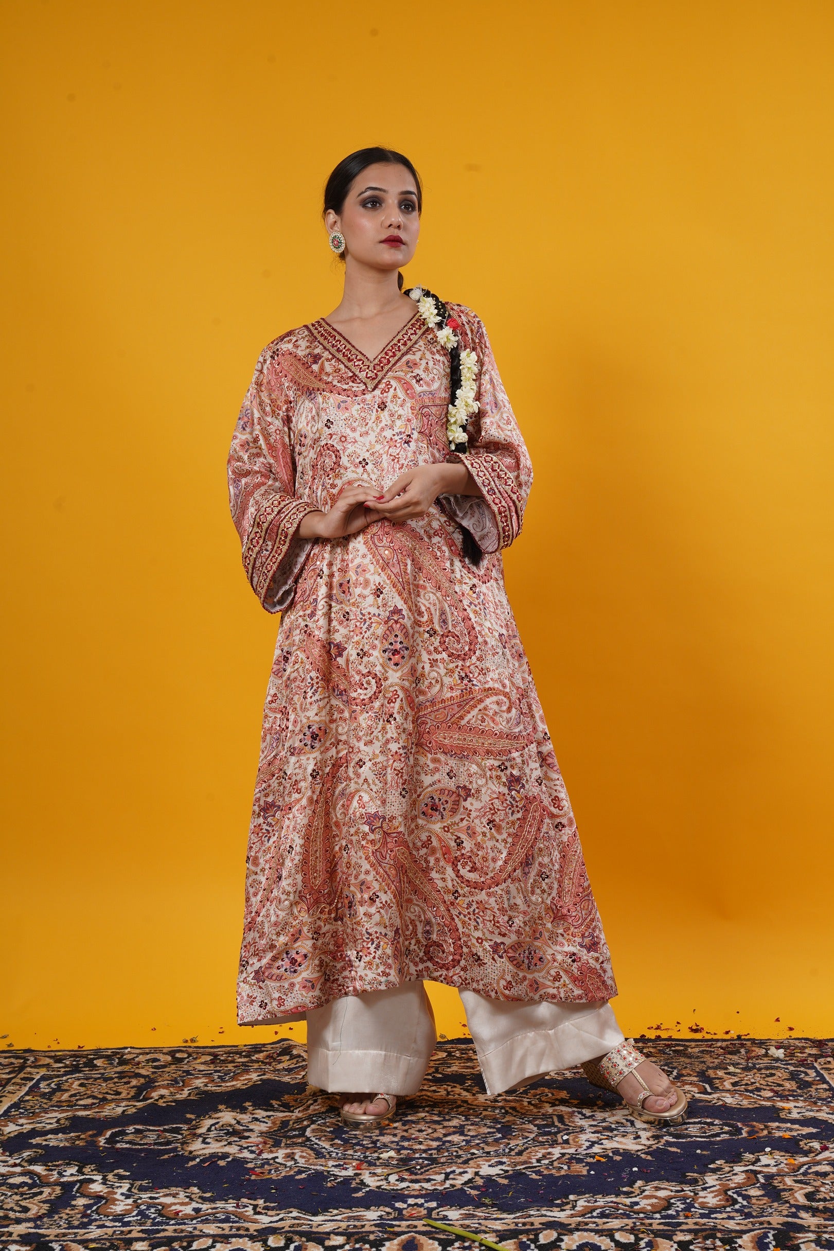 Ivory Paisley Print Suit Set With Handwork
