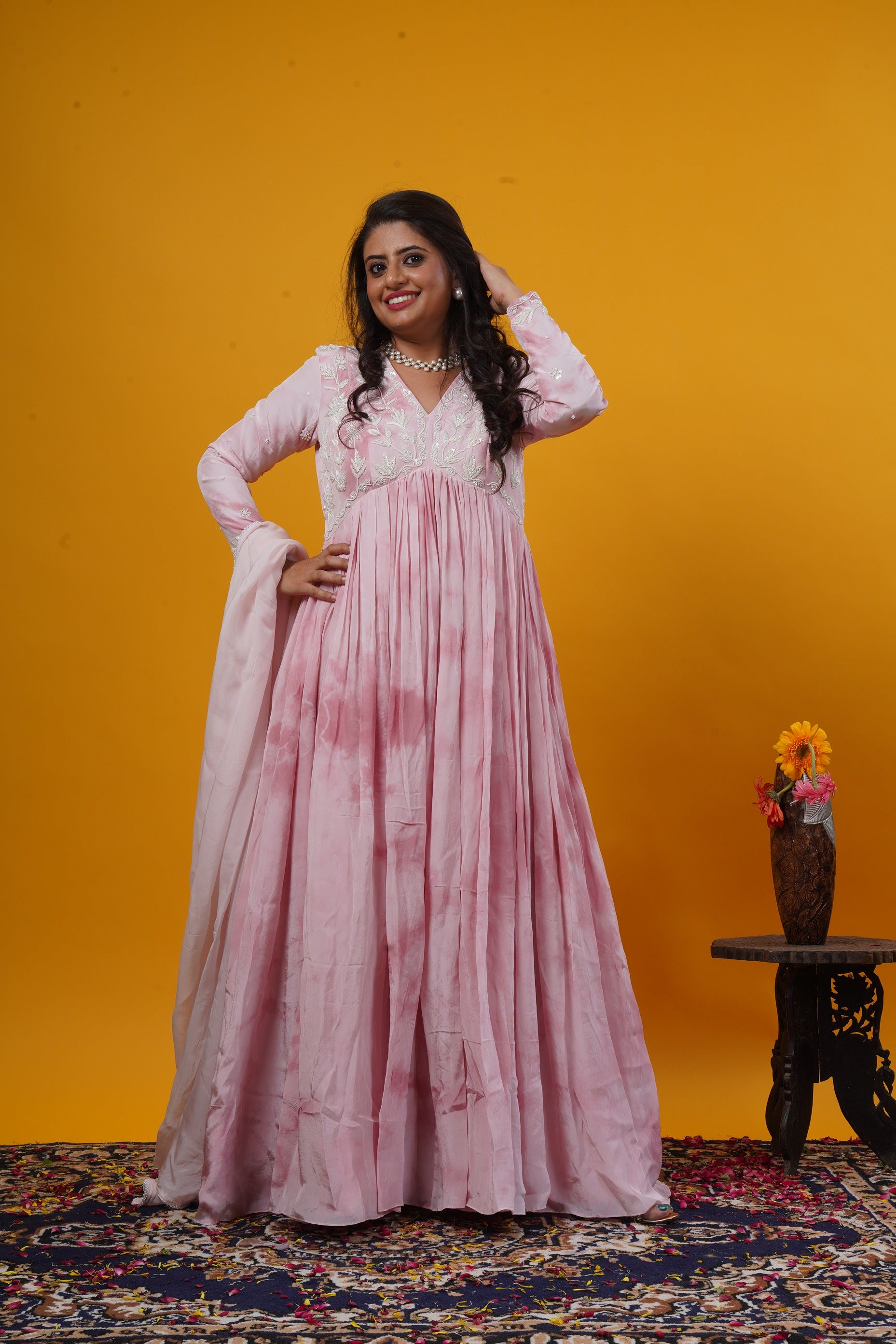 Batik Handwork Gown With Organza Dupatta