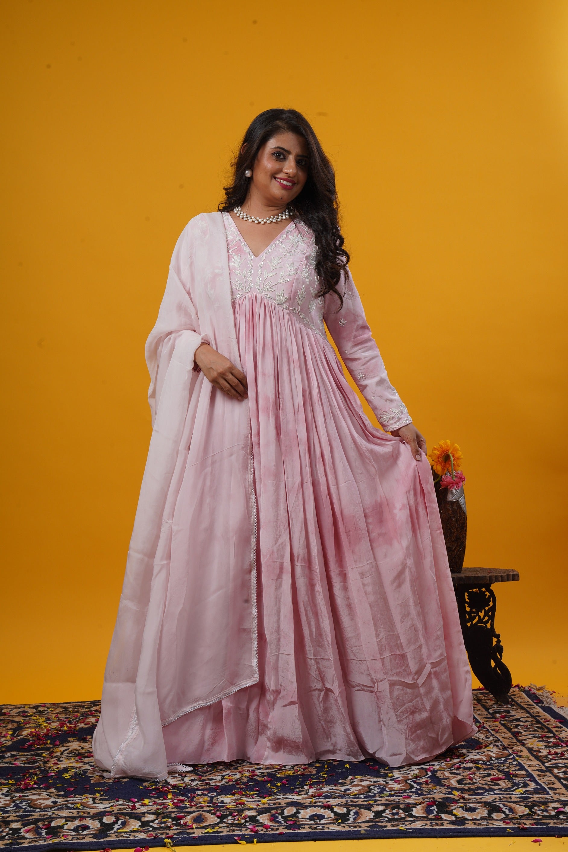 Batik Handwork Gown With Organza Dupatta