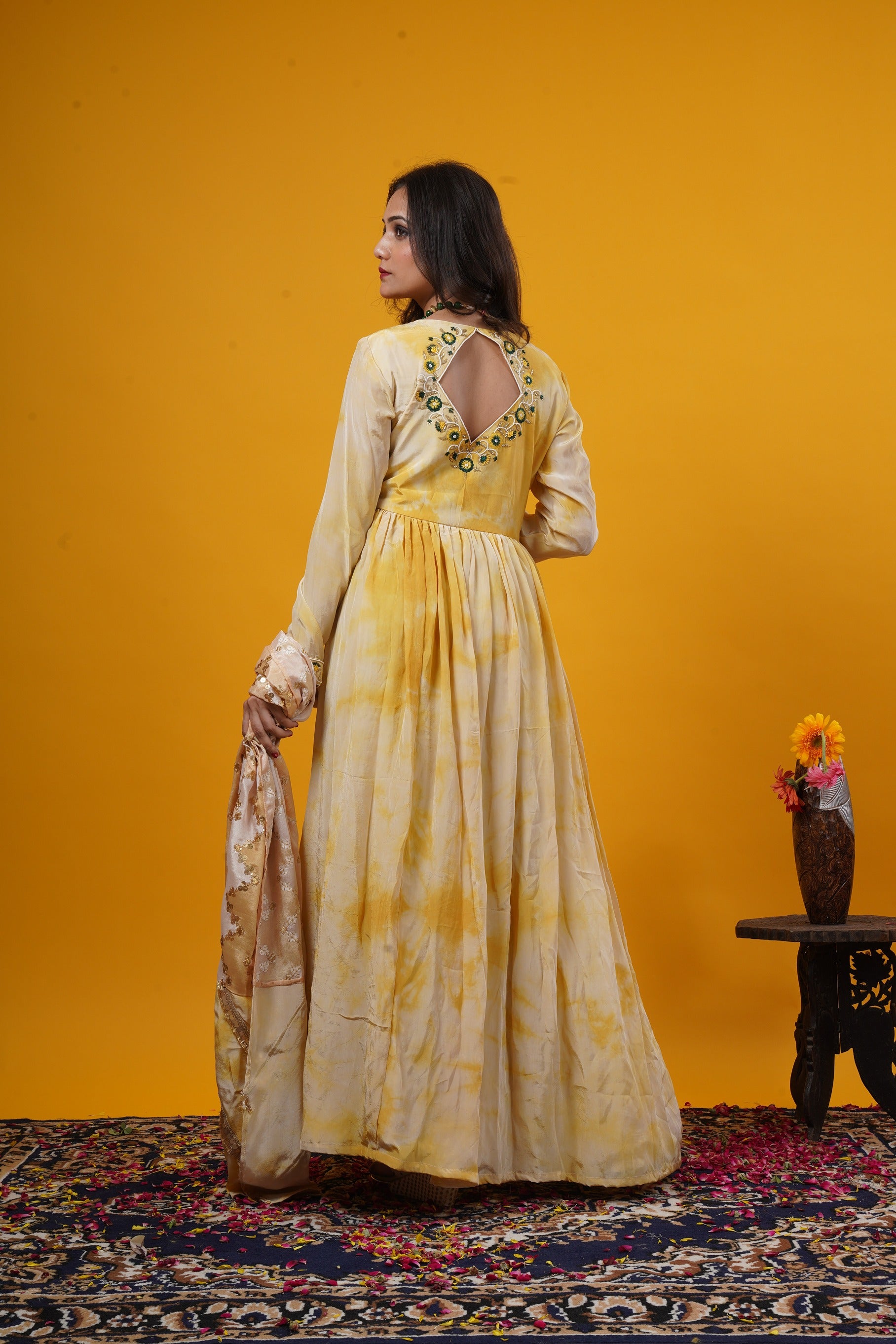Mustard Yellow Tie-Dye Gown With A Double Yoke
