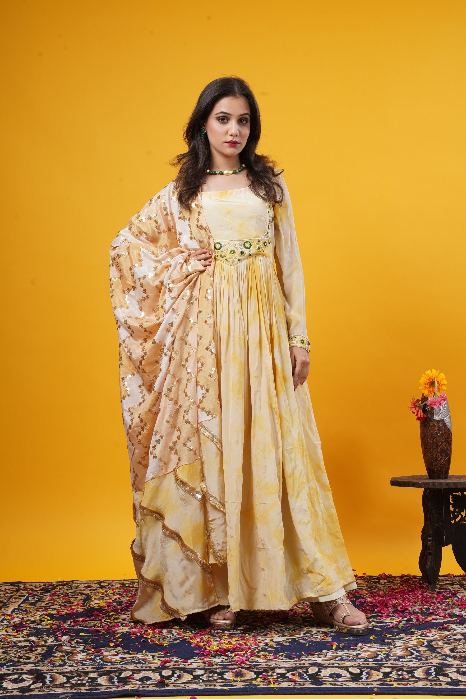 Mustard Yellow Tie-Dye Gown With A Double Yoke