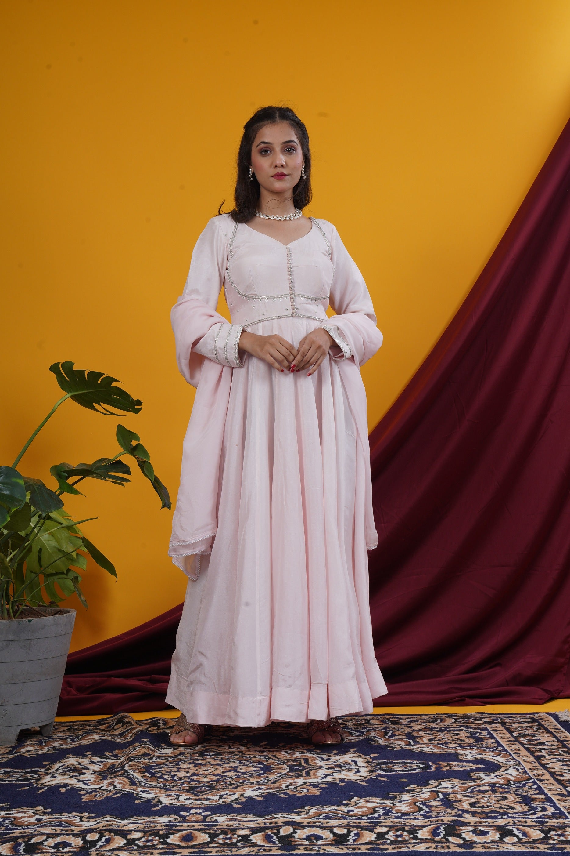 Baby Pink Double Yoke Handwork Kali Gown