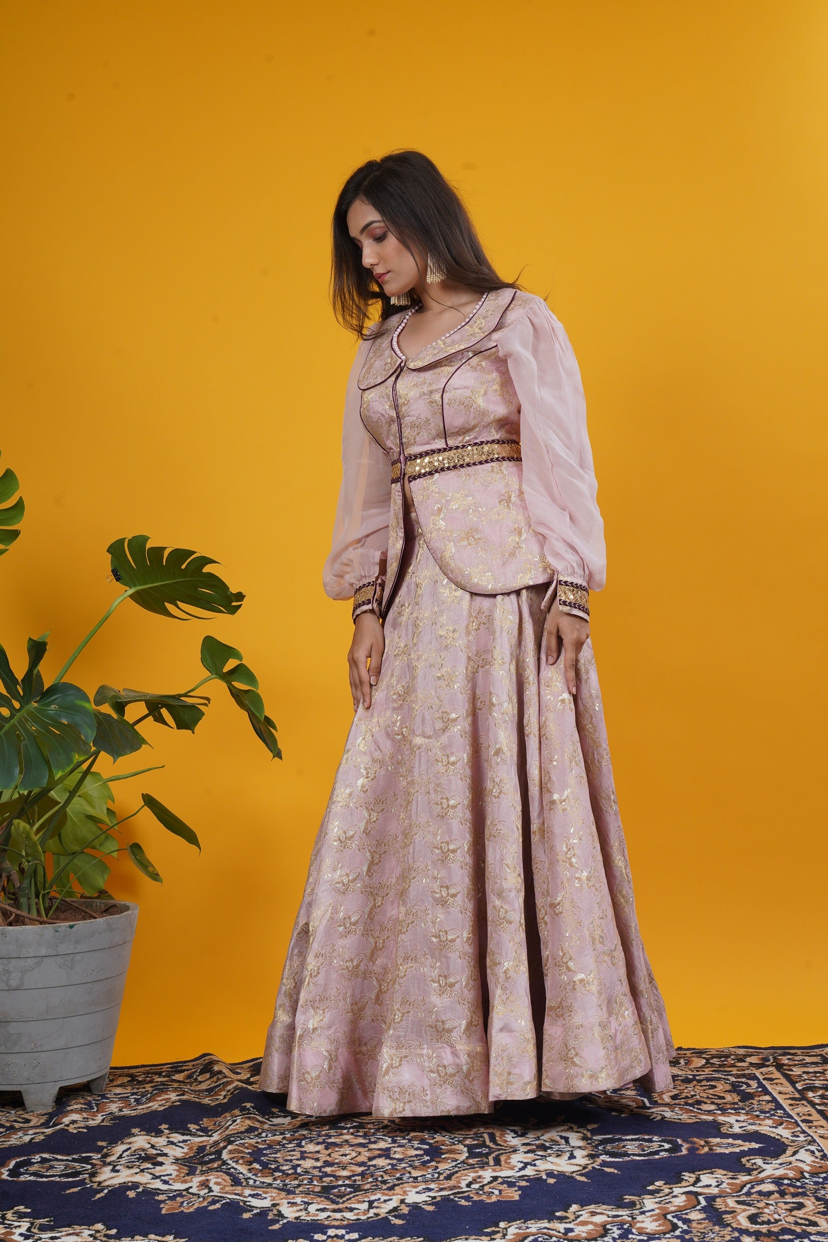 Onion Pink Banarasi Brocade Jacket & Skirt Set