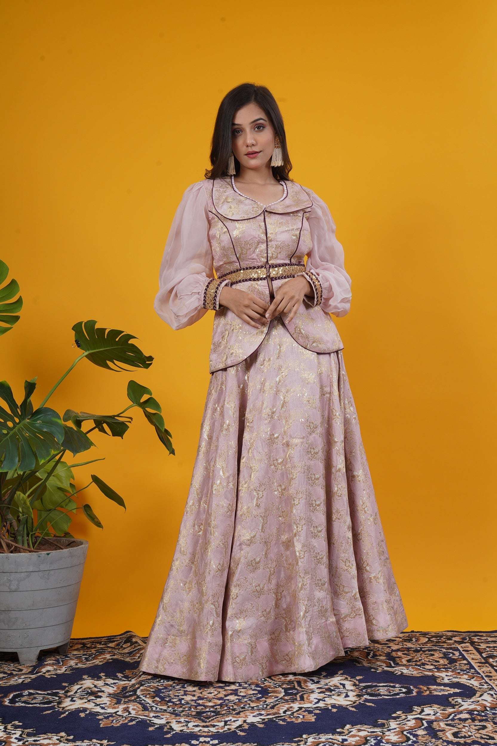 Onion Pink Banarasi Brocade Jacket & Skirt Set