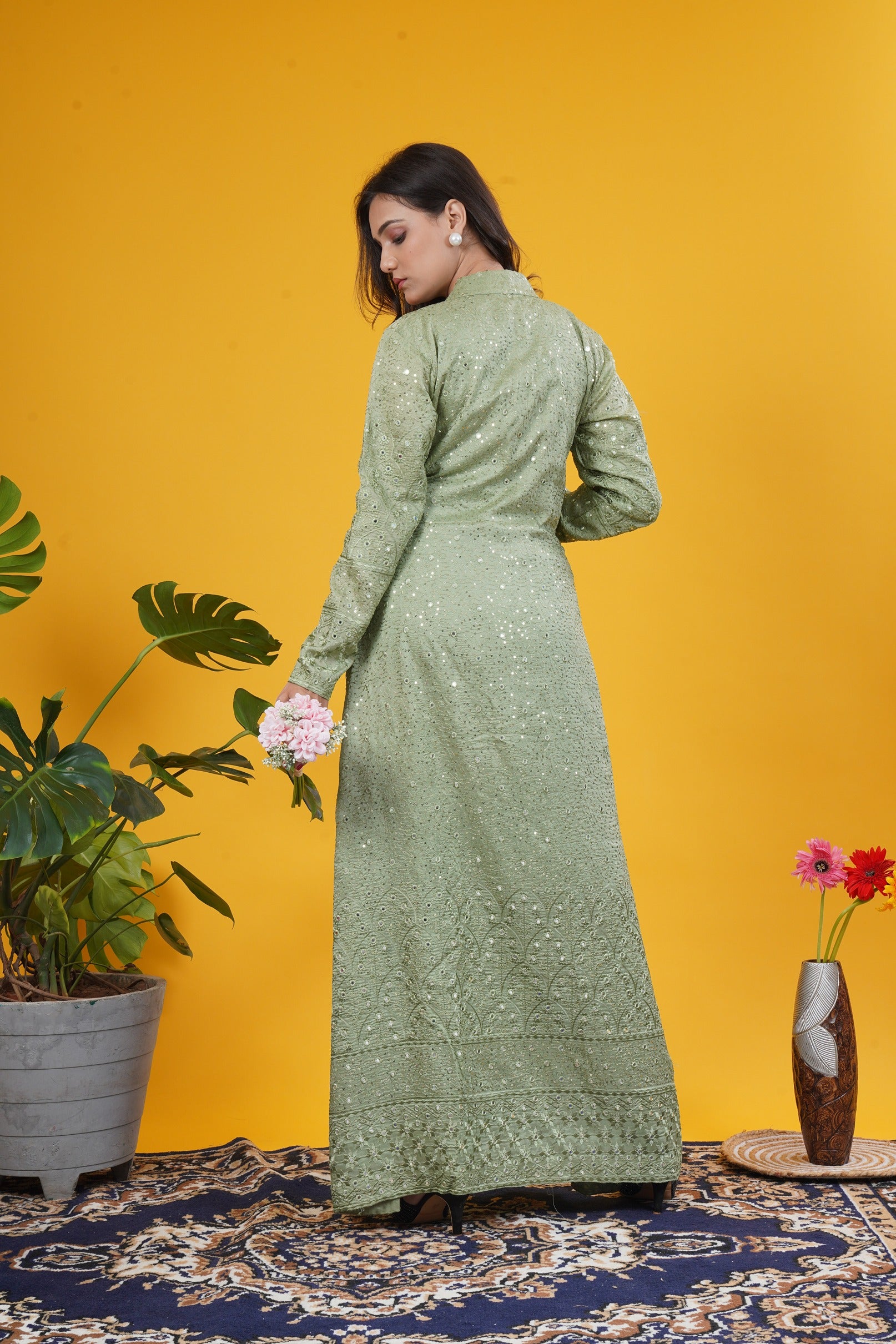 Long Jacket Set With Blouse And Tailored Pants