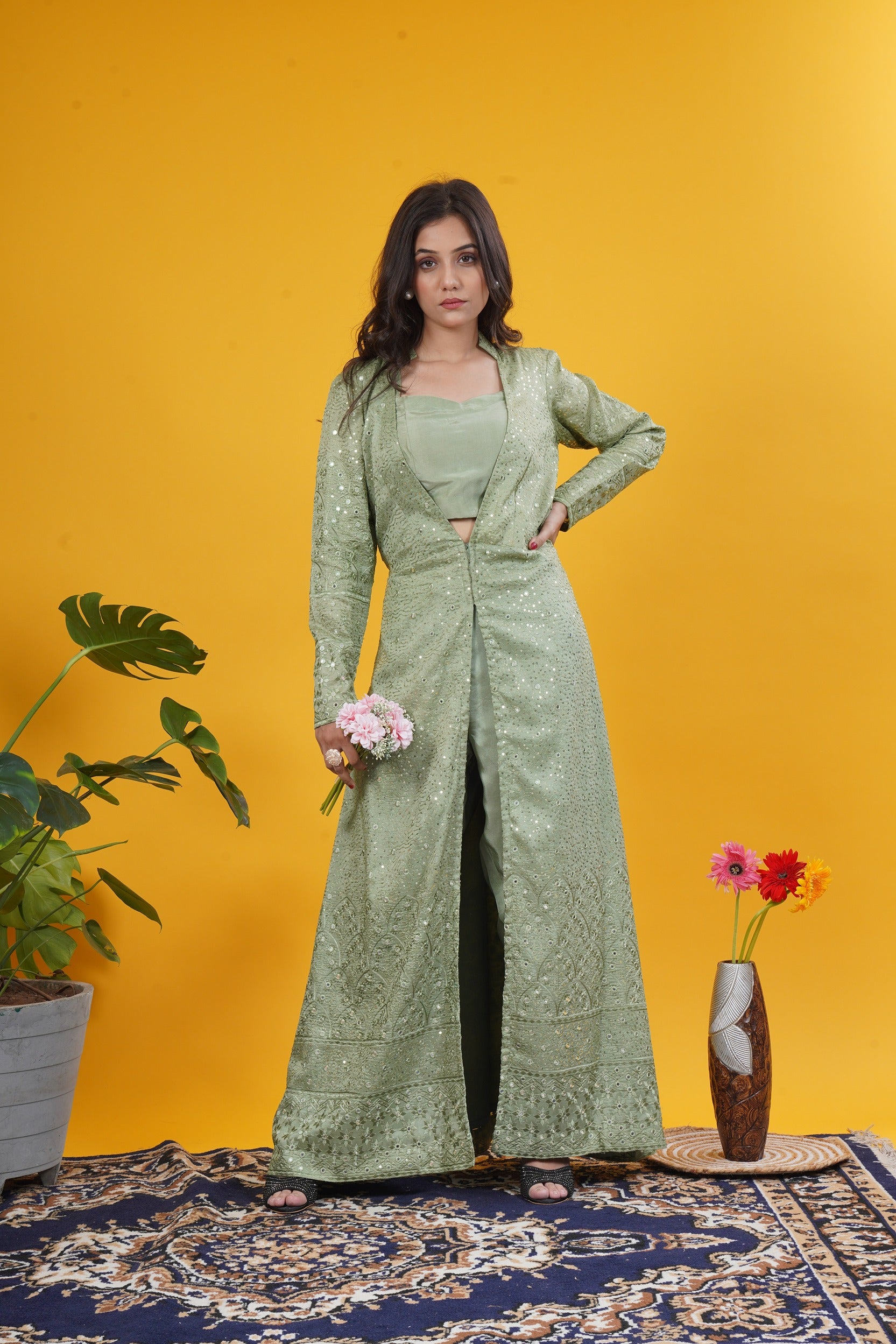 Long Jacket Set With Blouse And Tailored Pants