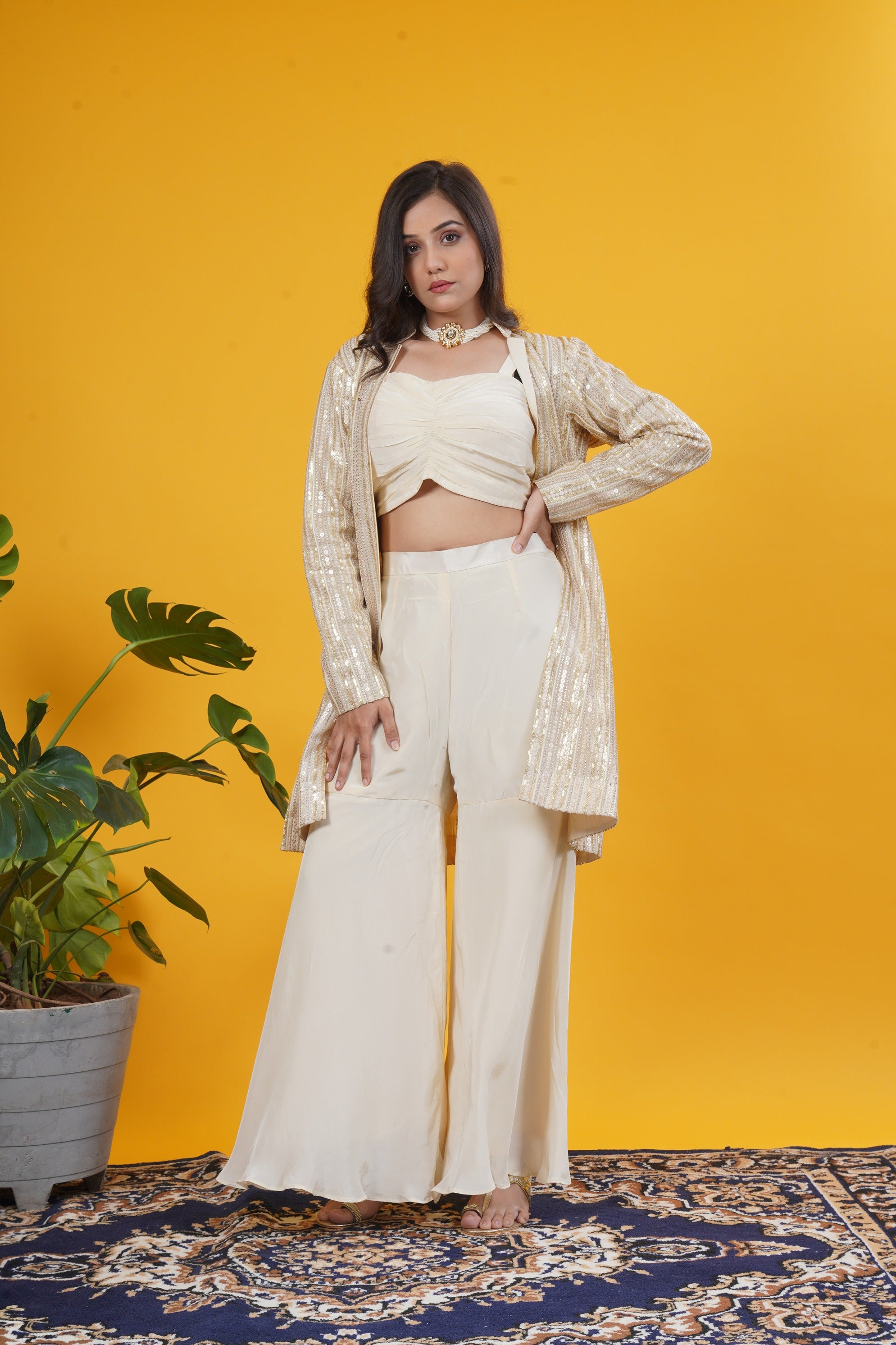Ivory Gold Sequin Embellished Crepe Jacket Set