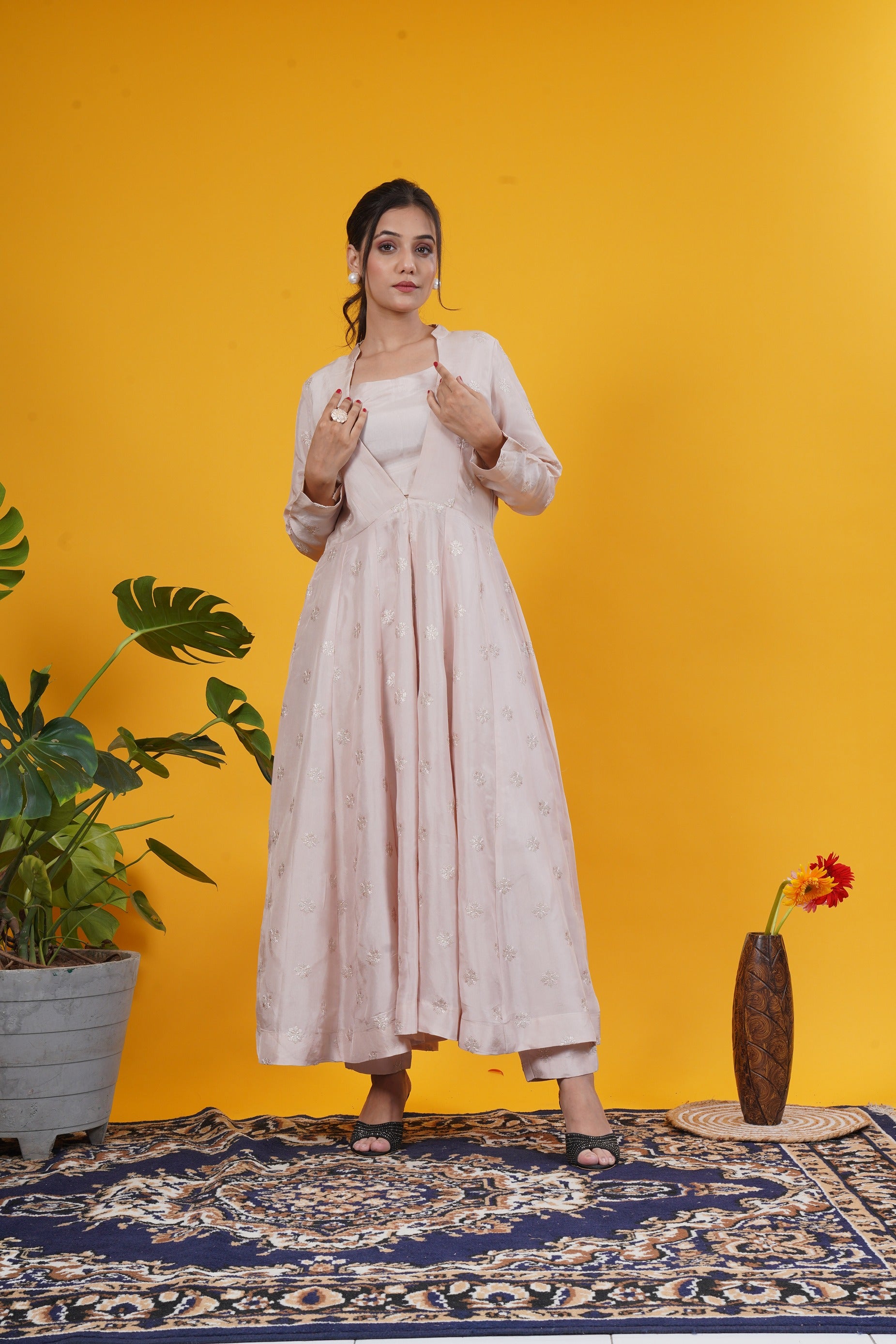 Jacket Set In Upada Silk With Tube Top And Pants