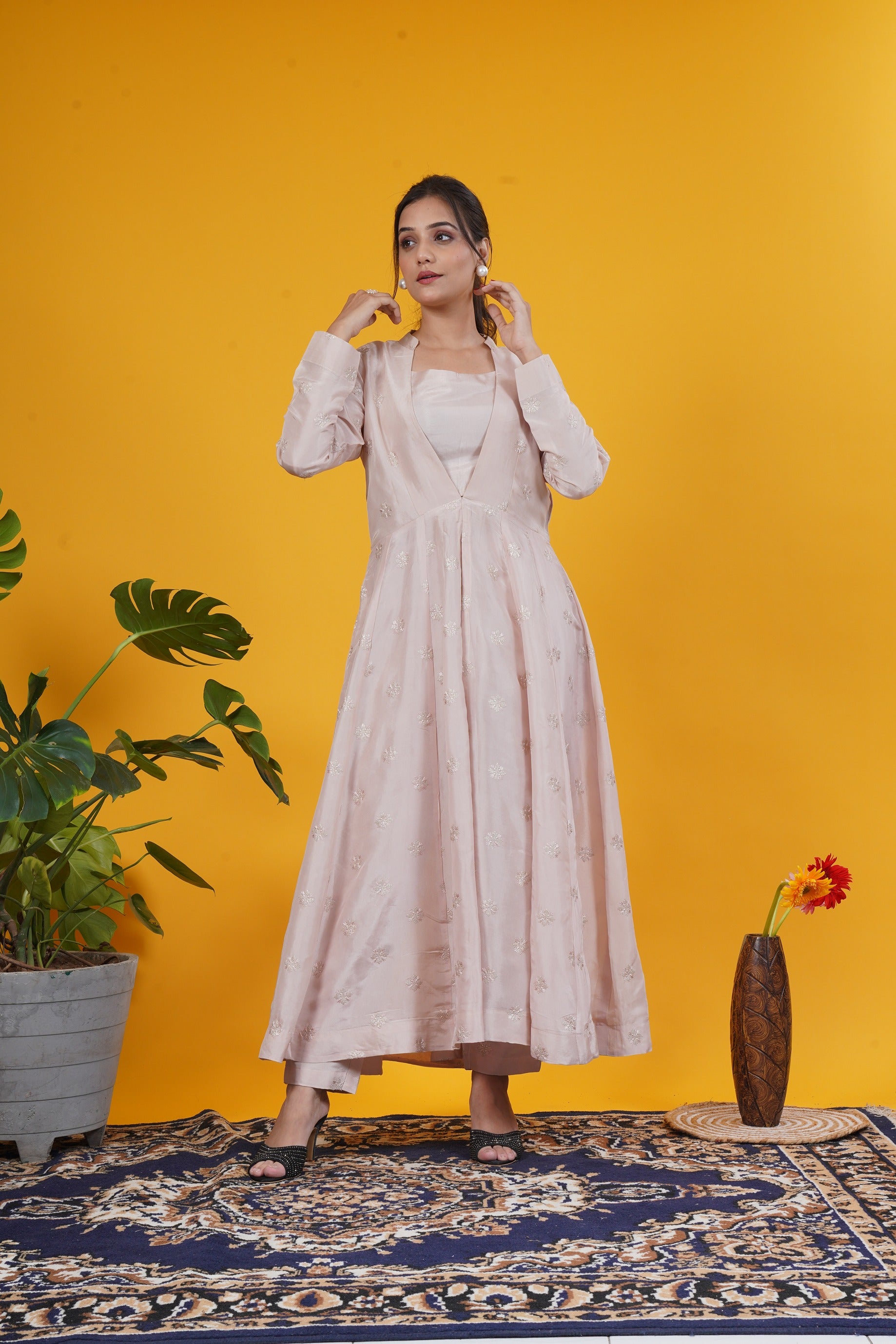 Jacket Set In Upada Silk With Tube Top And Pants