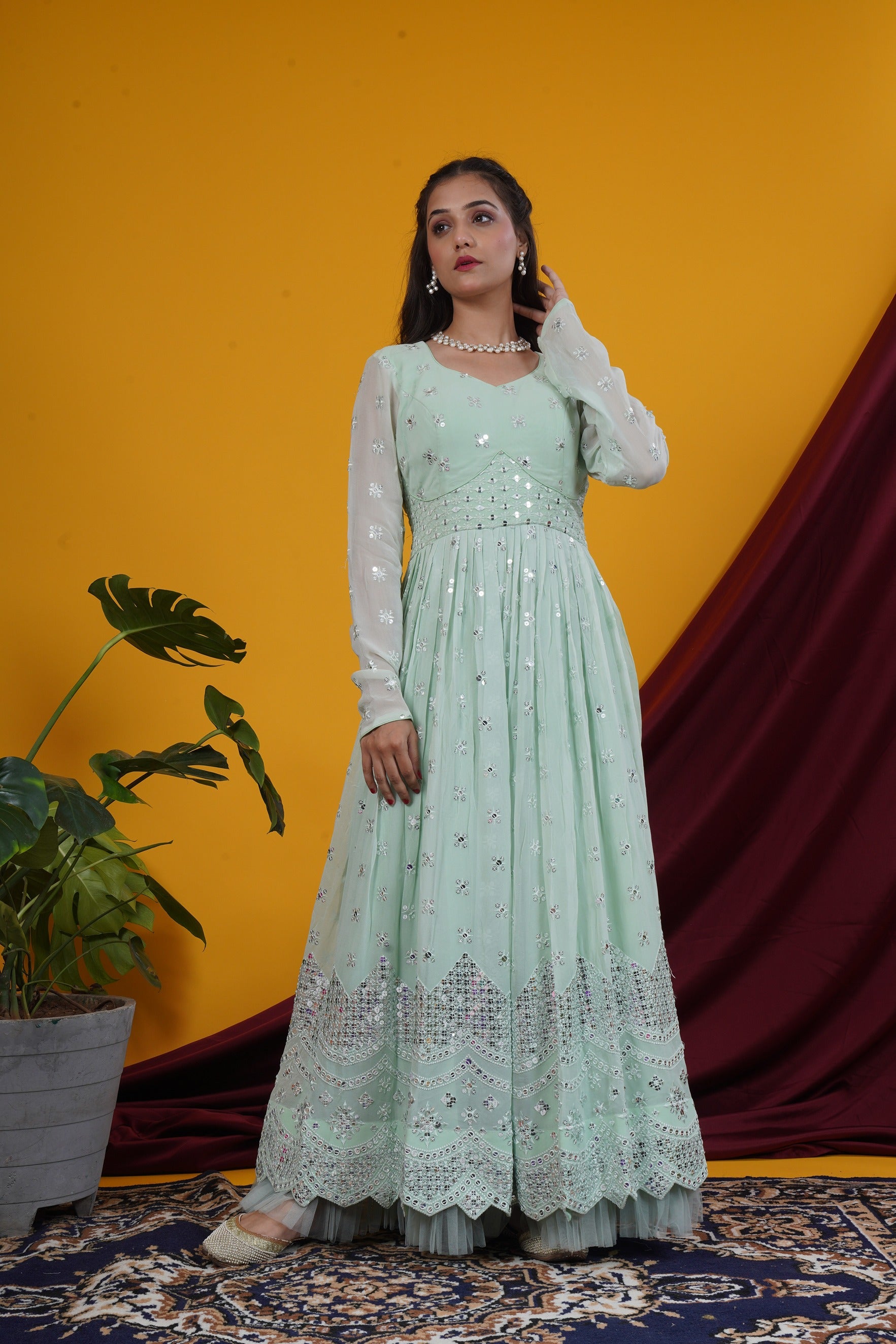 Pista Green Mirror Work Double Yoke Gown Set