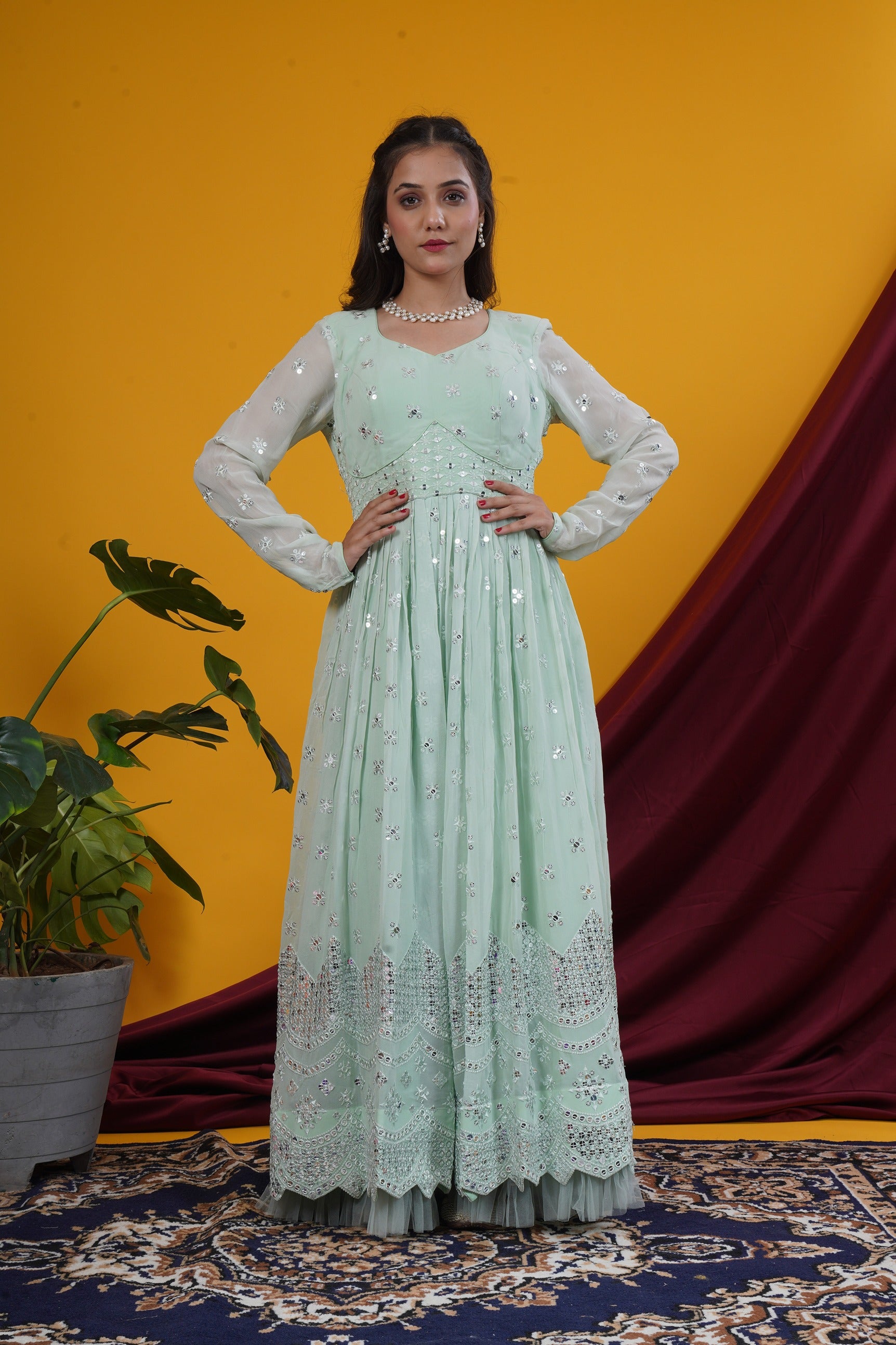 Pista Green Mirror Work Double Yoke Gown Set