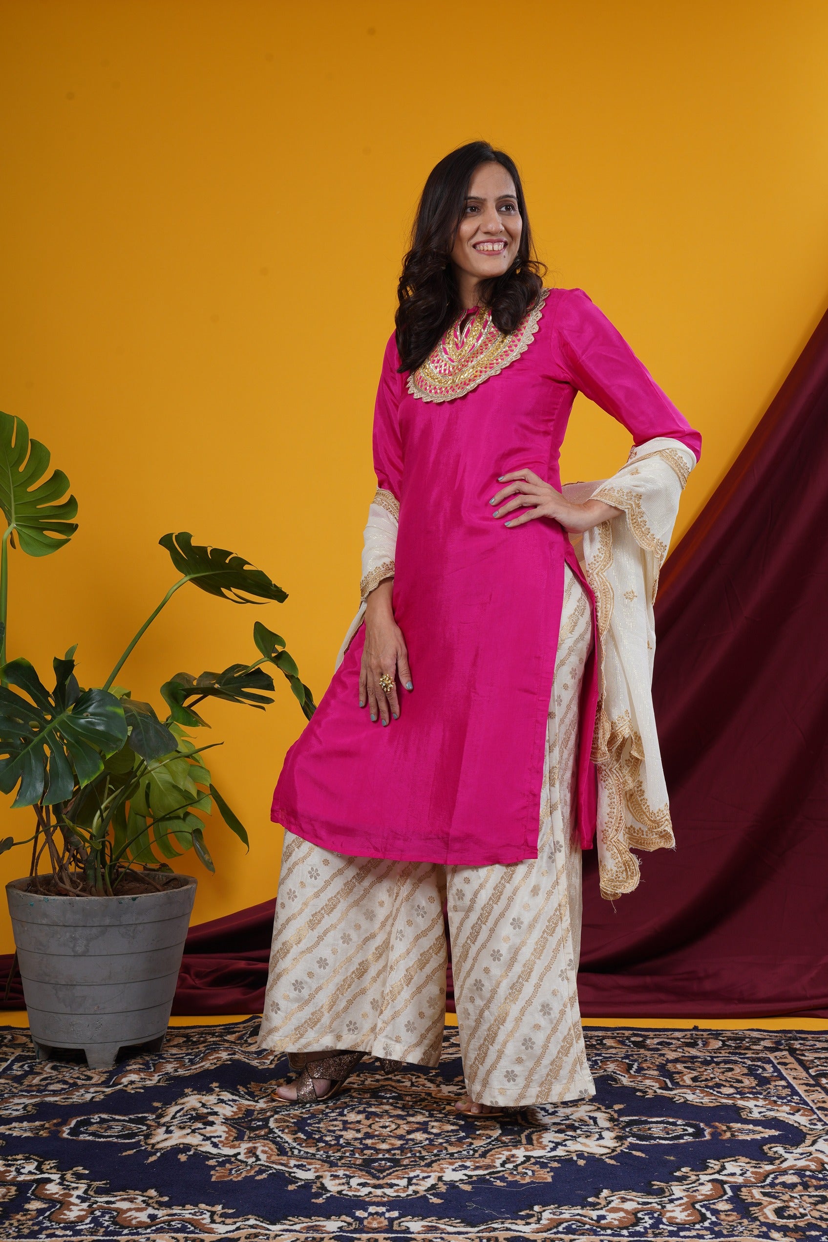 Rani Pink Short Kurti With Ivory Palazzo & Dupatta Set
