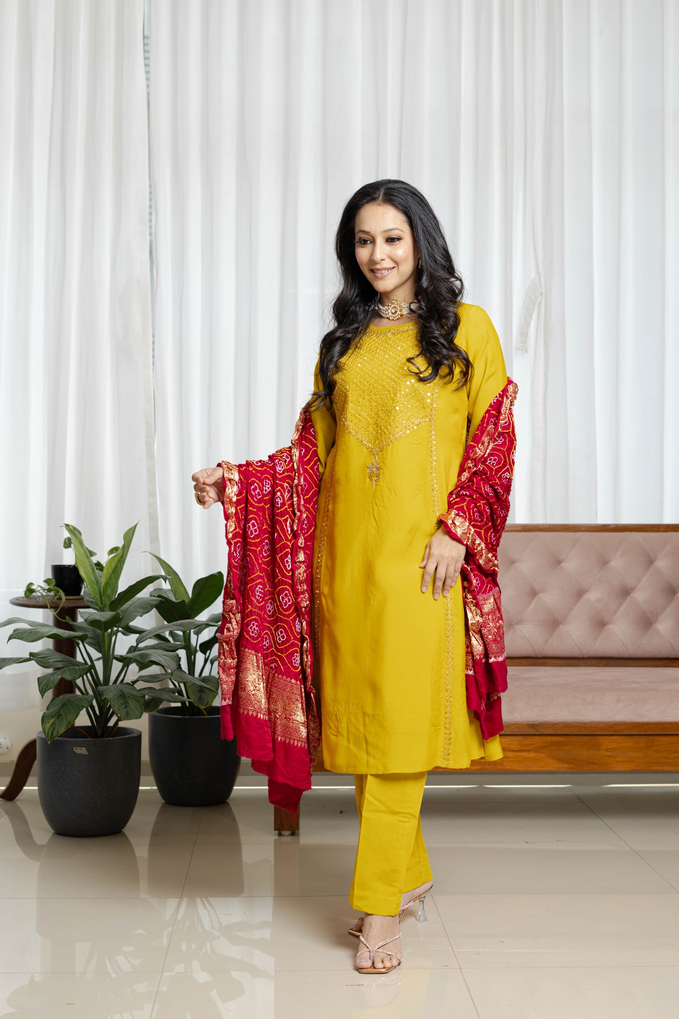 Mustard Kurta Set With Bandhani Charm
