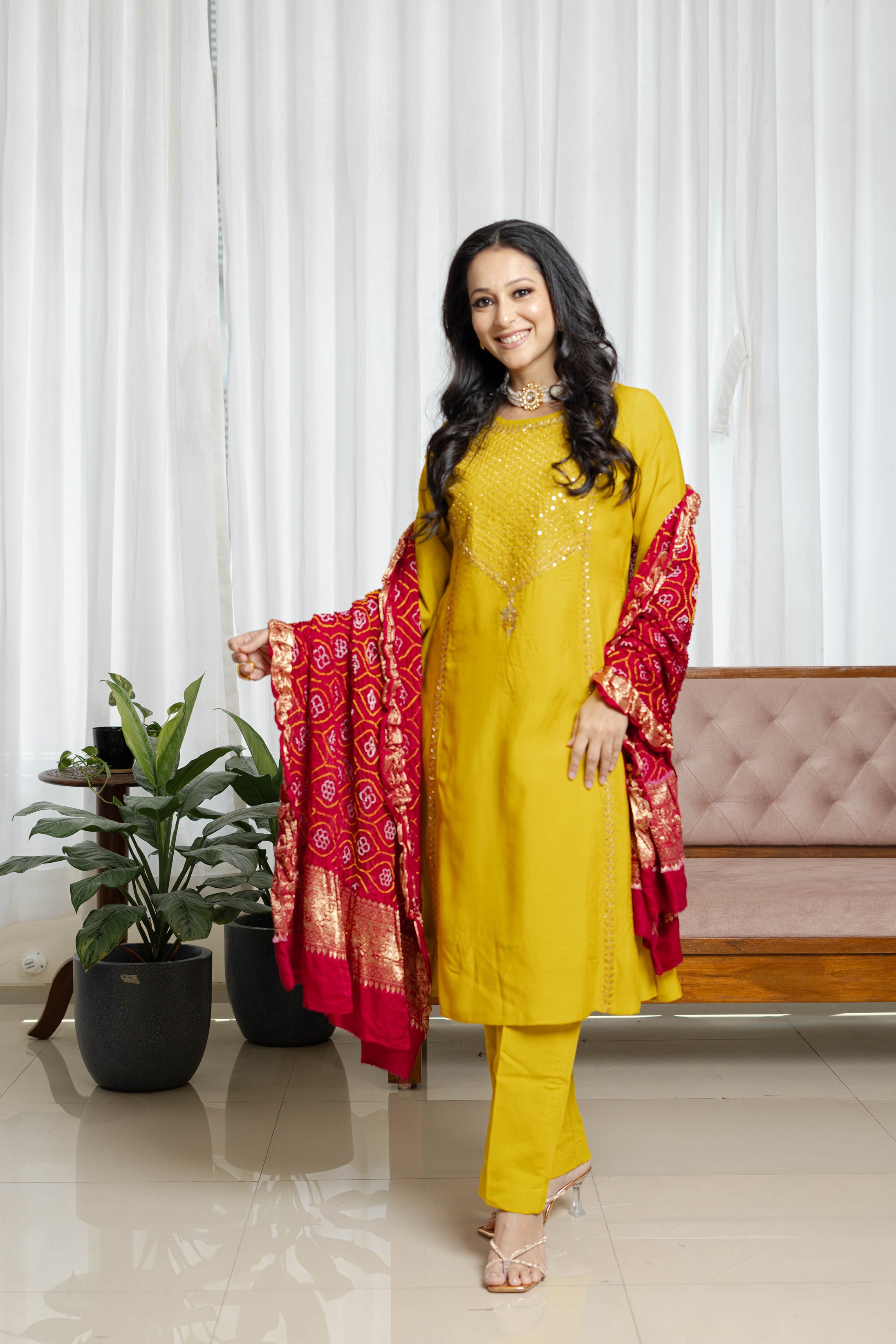 Mustard Kurta Set With Bandhani Charm