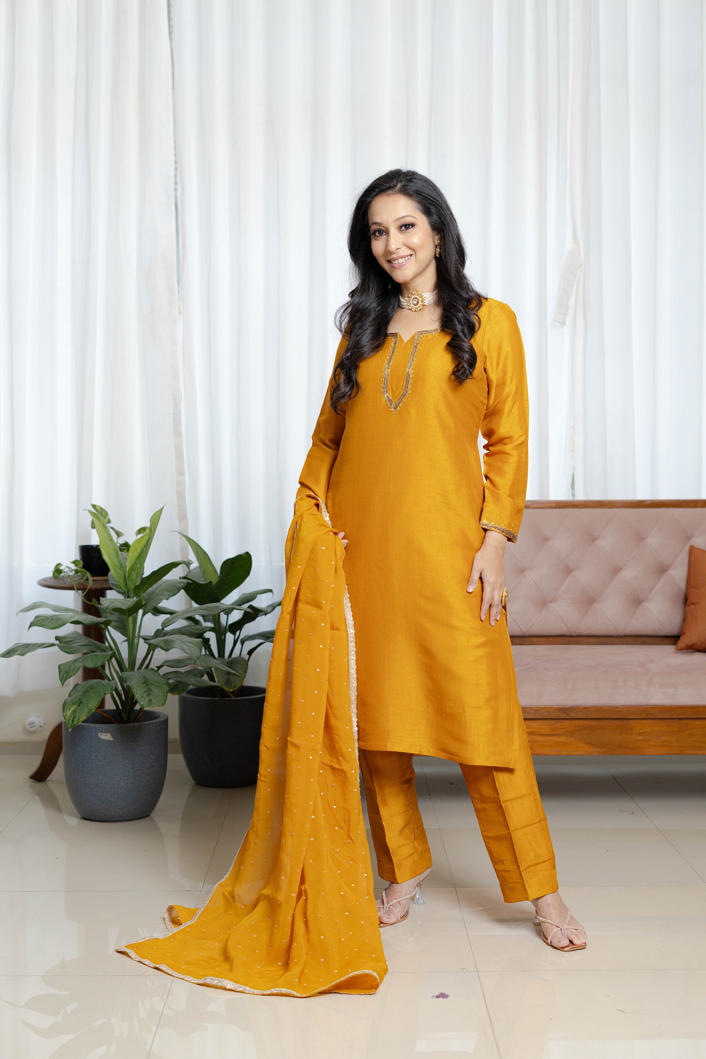 Burnt Mustard Silk Suit Set Ensemble