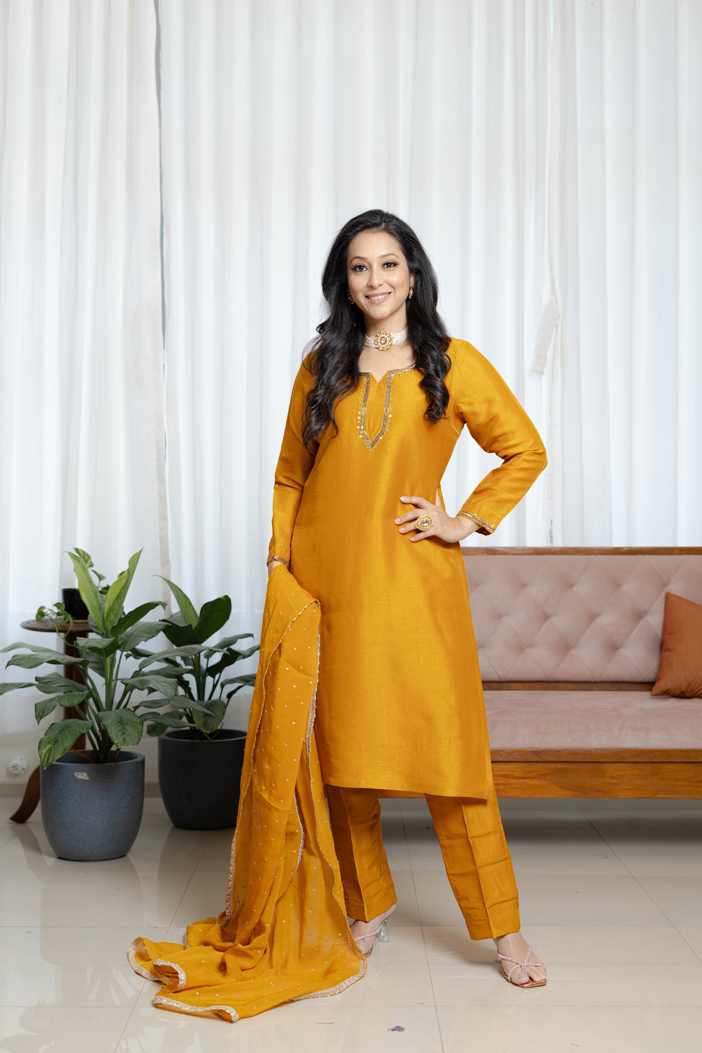 Burnt Mustard Silk Suit Set Ensemble
