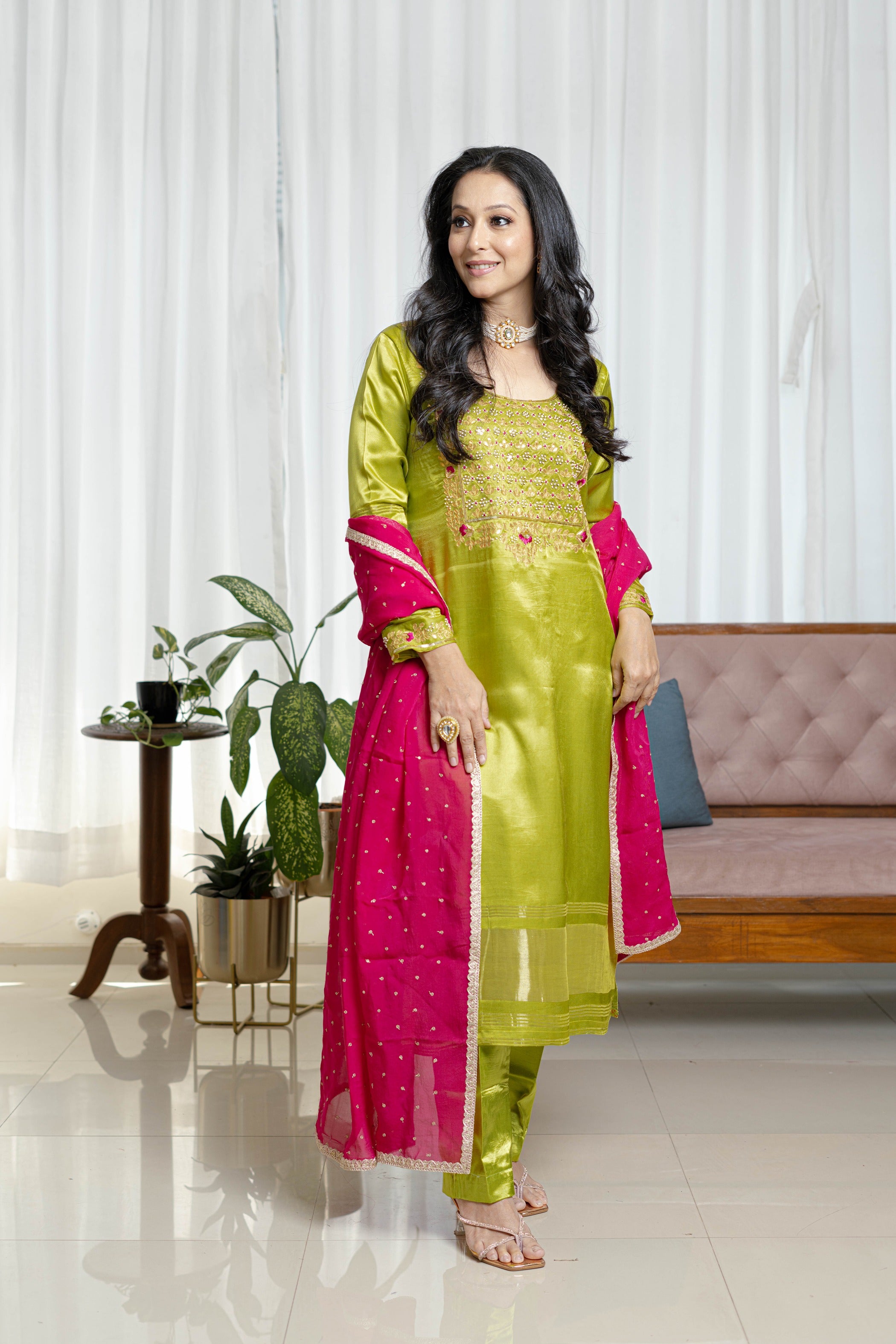 Phoolvadi – Lime Green Gajji Silk Celebration Suit Set