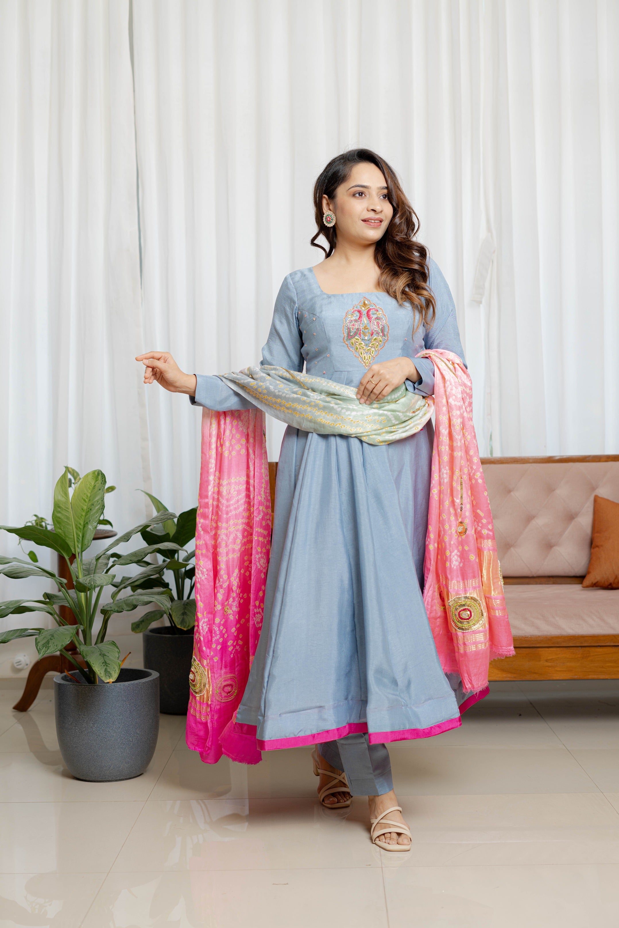 Noor-E-Bahar – Grey Anarkali With Bandhani Bliss