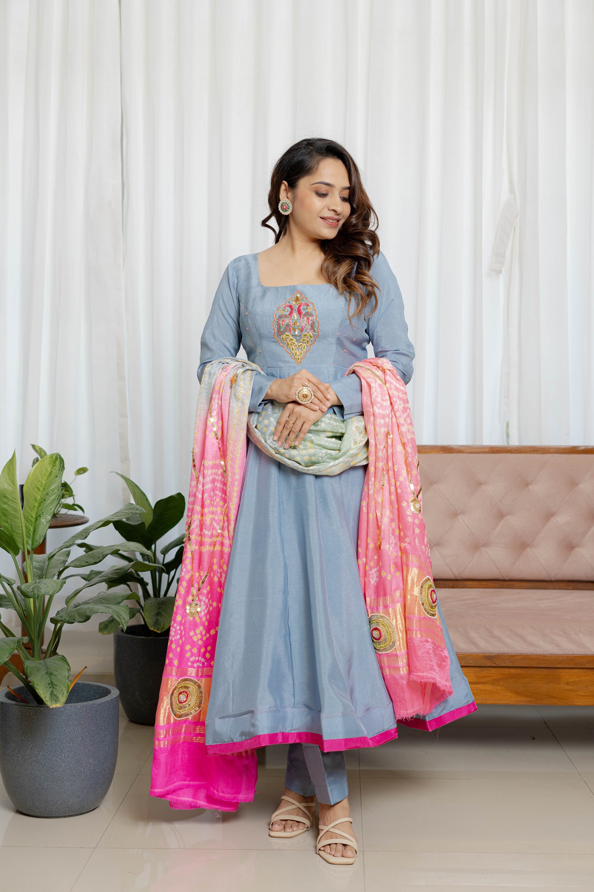 Noor-E-Bahar – Grey Anarkali With Bandhani Bliss