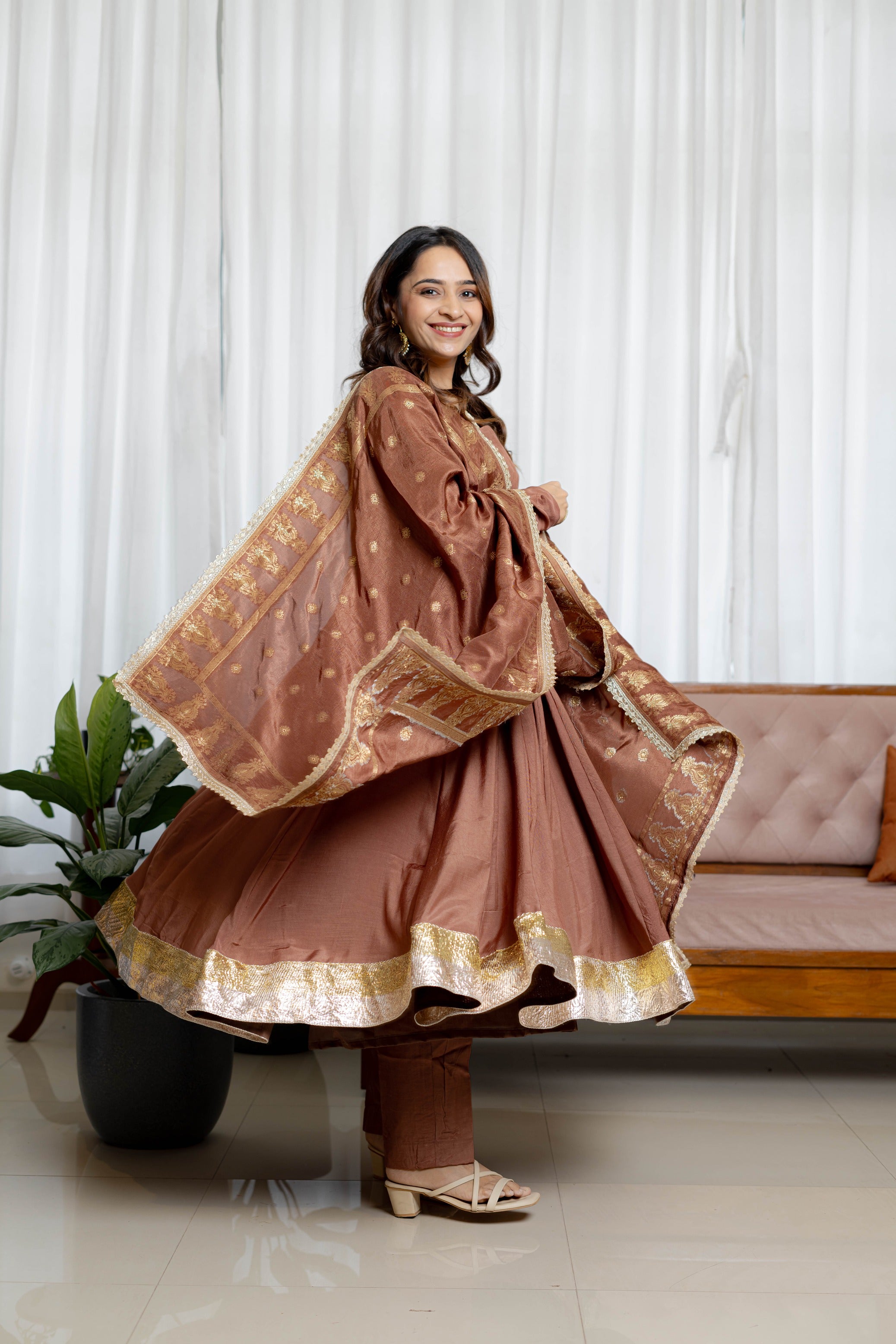 Dusky Brown Anarkali With Brocade Drape