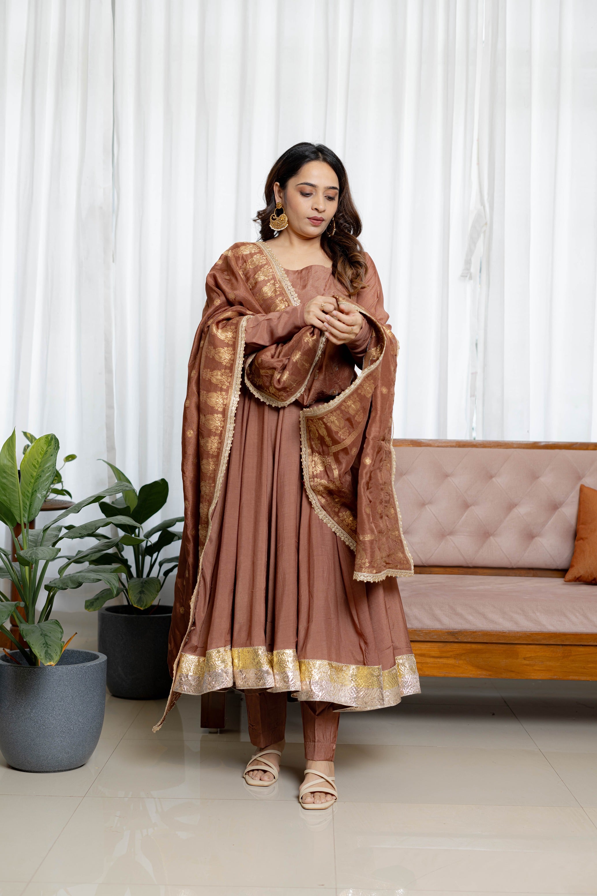 Dusky Brown Anarkali With Brocade Drape