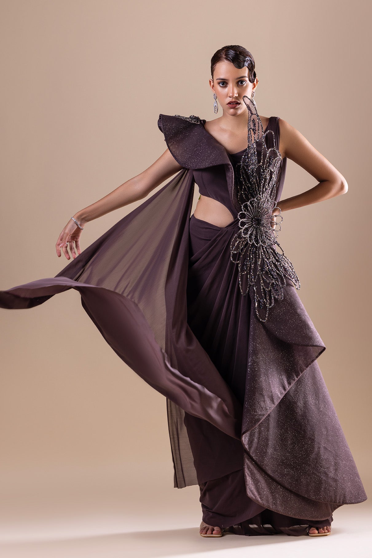 Charcol Grey 3D Embroidered Saree