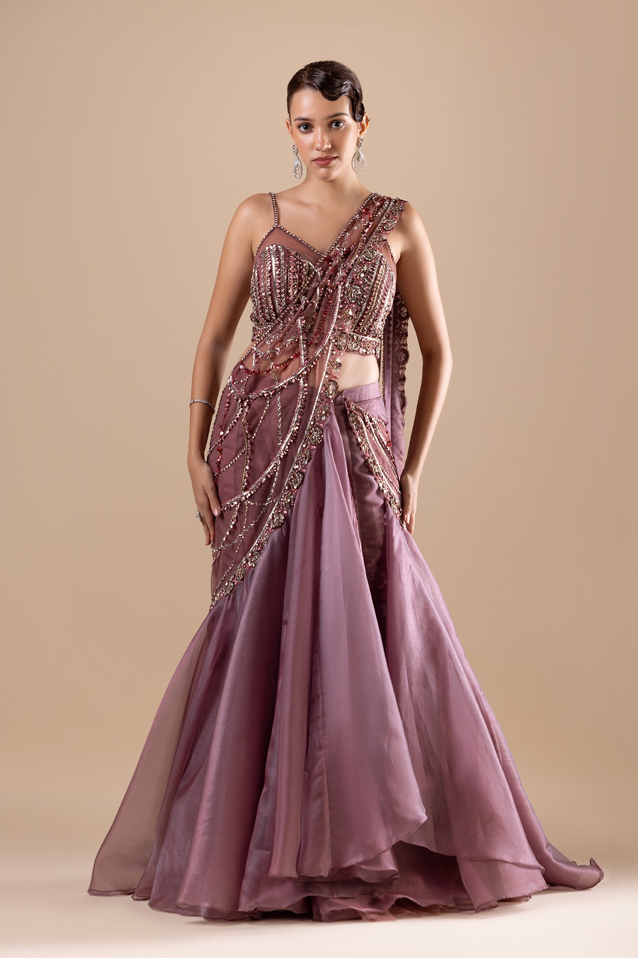 Brown Sugar Embroidered Drape With Fishcut Skirt